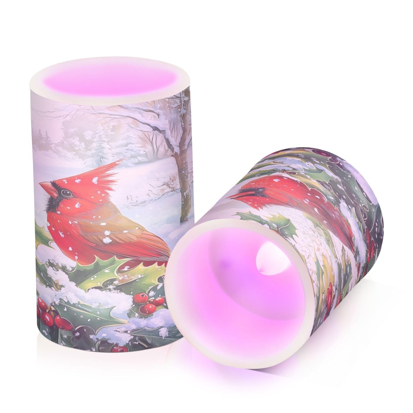 BOENLE Flickering Flameless Candles, Red Cardinals Holly Christmas LED Candles with Remote Timer, Set of 2 Battery Operated Candle for Valentine Wedding Birthday