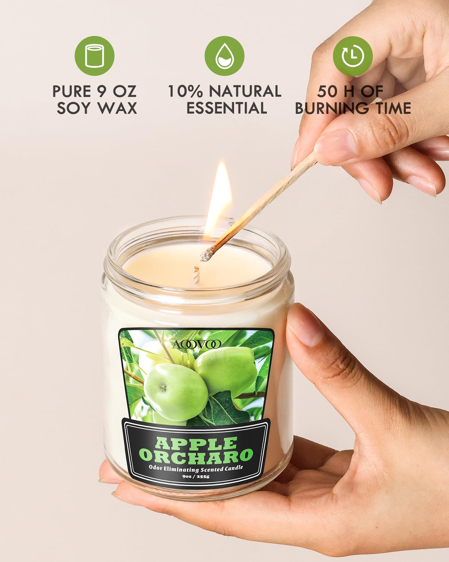 AOOVOO Apple Orcharo Odor Eliminating Candle - Up to 50 Hours Burn time, Eliminates 95% of Pet, Smoke, Food, and Other Smells Quickly, 9 oz Non Toxic Highly Fragranced Air Freshing Soy Candle