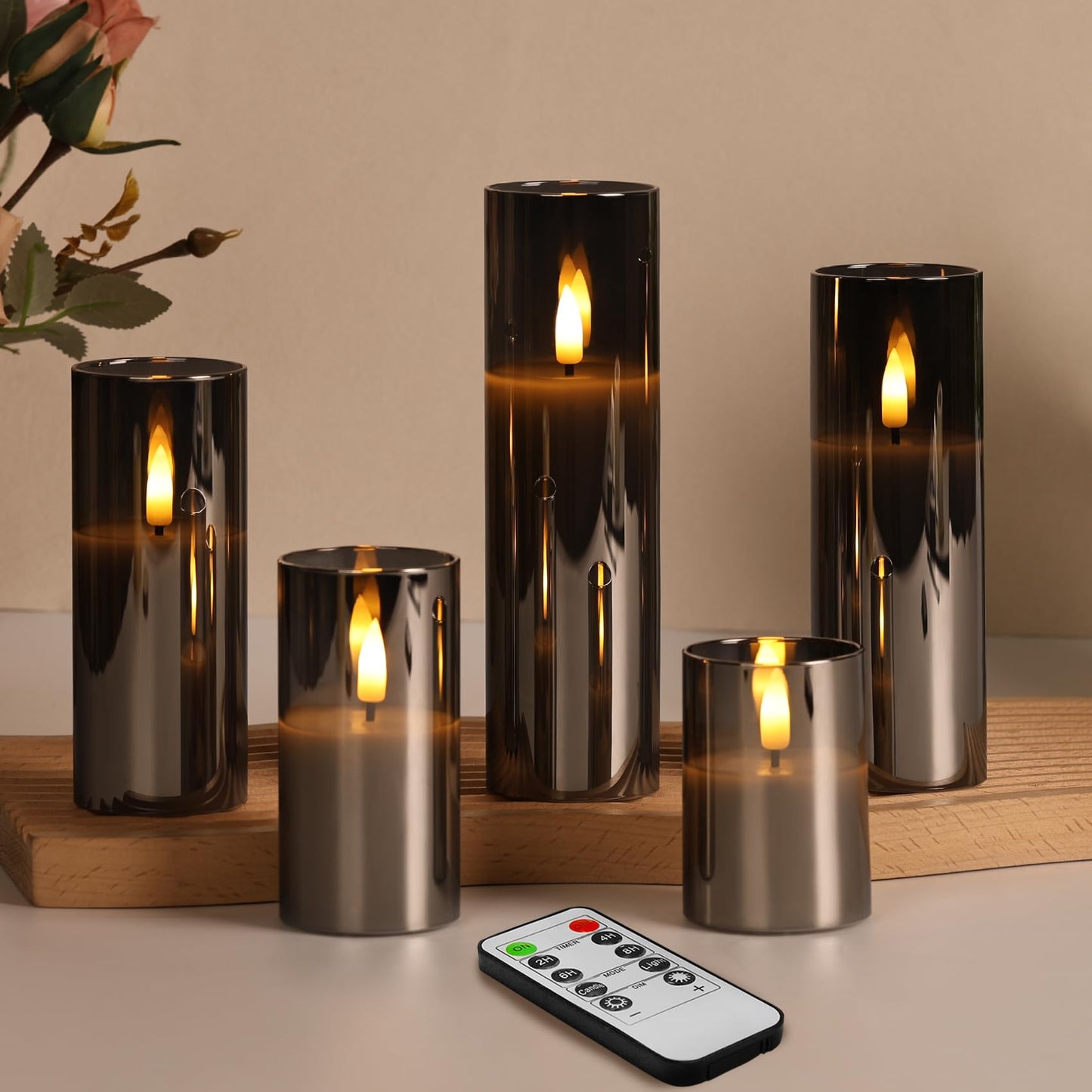 Eywamage 5 Pack Grey Glass Flameless Candles with Remote, Flickering Slim Tall LED Pillar Votive Candles Battery Included