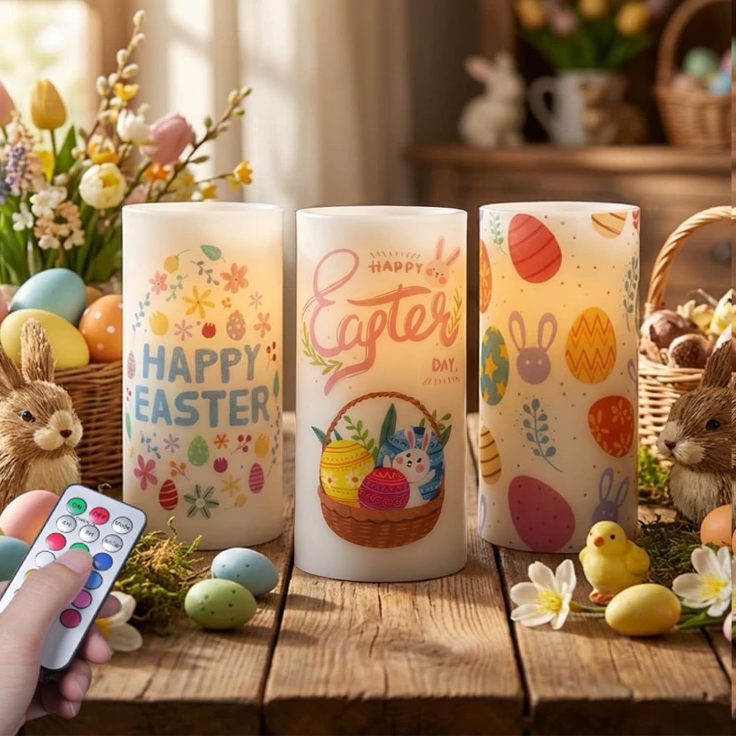 ONEIHOMM 3 Pcs Easter Flameless Candles,Battery Operated Candle, Rabbit Egg Design with Timer Remote, Happy Easter Day Gift for Bedroom Living Room Decor Farmhouse