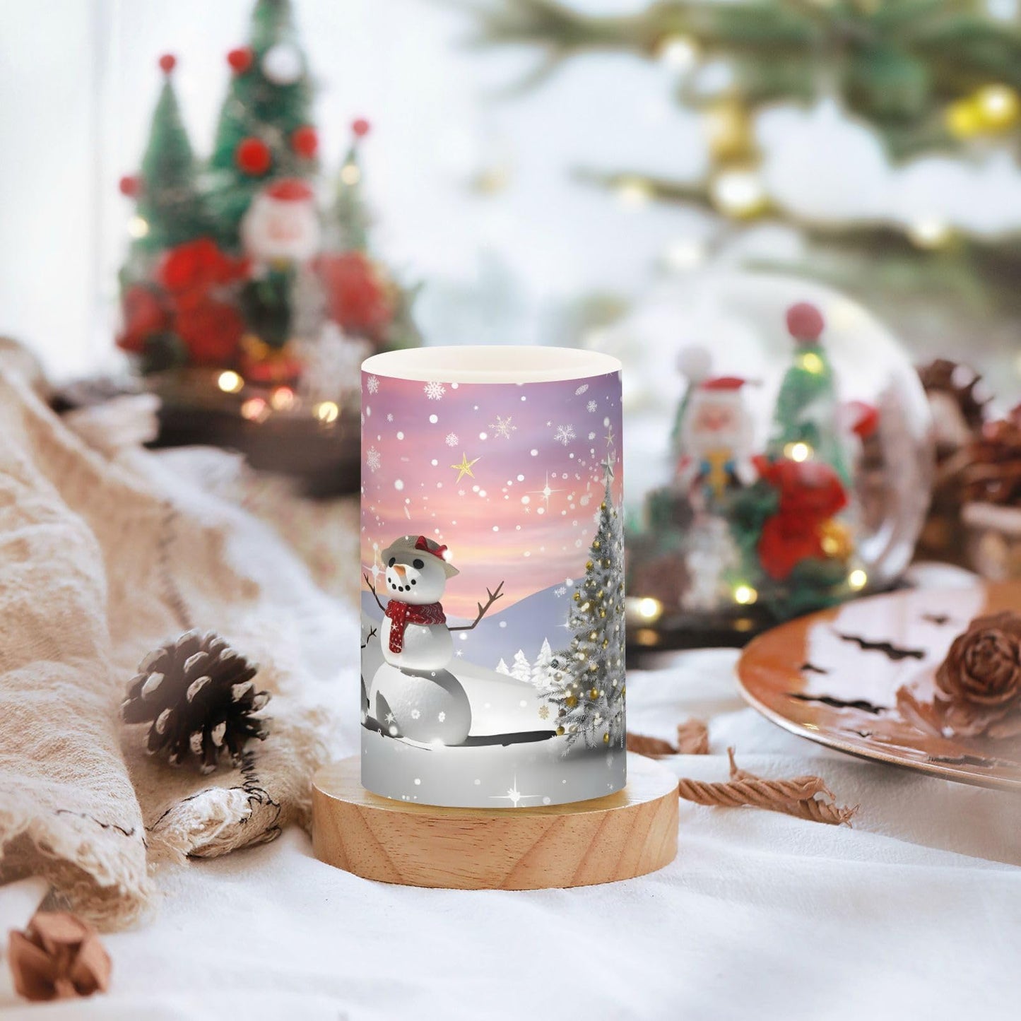 ALAZA Christmas Tree and Snowman Winter Snowflakes Flickering Flameless Candles Battery Operated with Remote Timer,Tea Light Candles LED Pillar Votive Candles Set of 2 for Outdoor Indoor Decorations