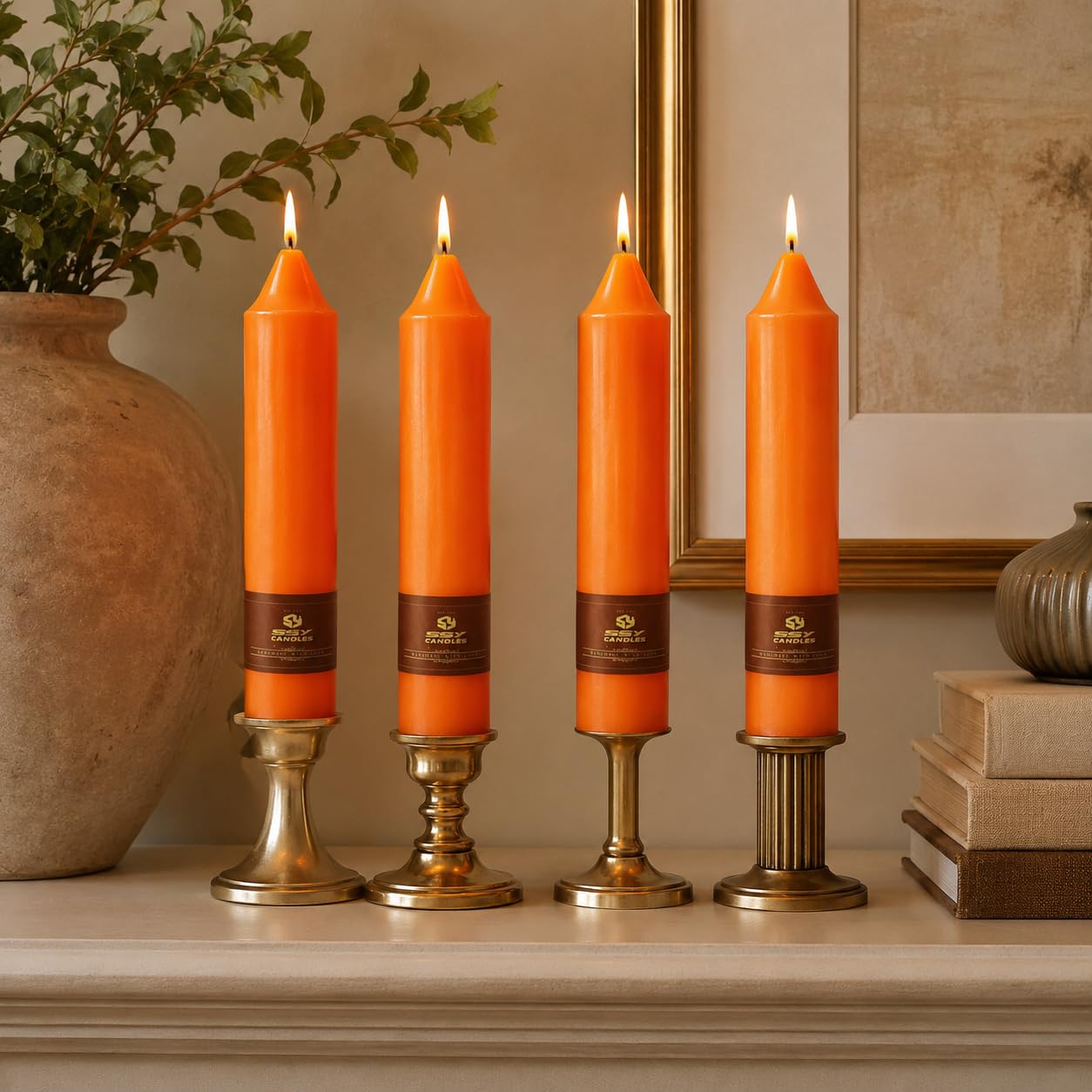 Orange Short Taper Candles Set of 4, 7 Inch Handmade Candle Stick, Unscented Tapered Candles, Taper Candles for Wedding Dinner Table Home Decor Party Gift