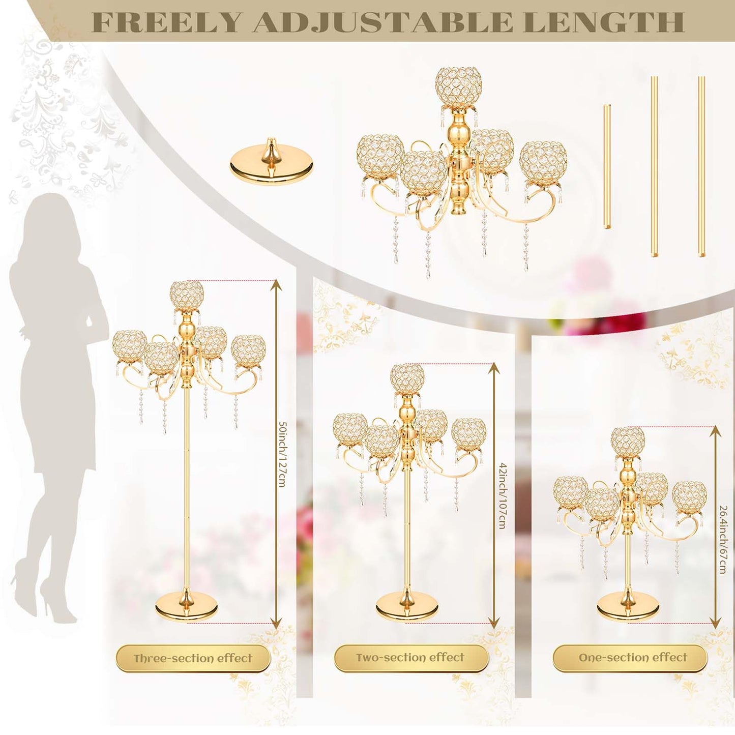 50" Tall Large Elegant Crystal Candelabra/Candlestick Holder Centerpiece for Weddings, Parties & Reception Decoration, Tealight Tray & Gorgeous Floor Candelabra Home Decor(Gold-1pc, 5-Arm)