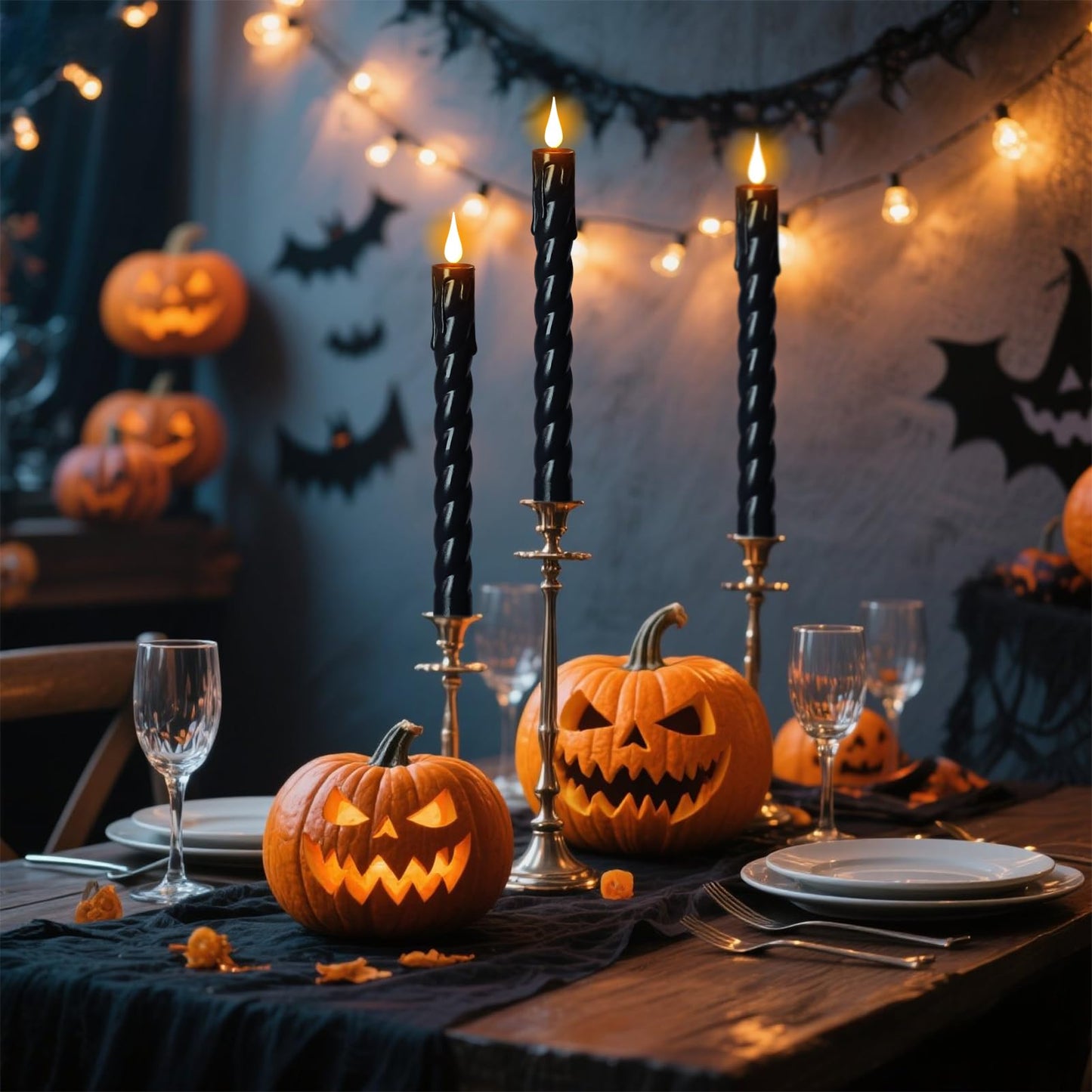 DRomance Flickering Flameless Taper Candles with Remote and Timer, 2 Pack Battery Operated LED Taper Candles 3D Wick Plastic Dripping Effect Dinner Halloween Indoor Decor(Black, 0.78" D x 9.65" H)
