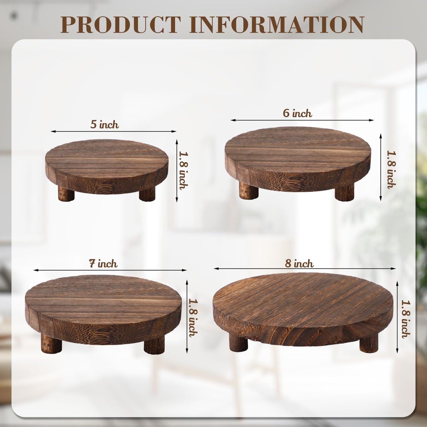 Geetery 4 Pcs Wooden Risers for Display Wood Pedestal Stand Mini Tray Stand Round Wooden Pedestal Holder Rustic Riser for Decor Tiered Tray Decor Home Kitchen, 5/6/7/8 Inch(Brown)