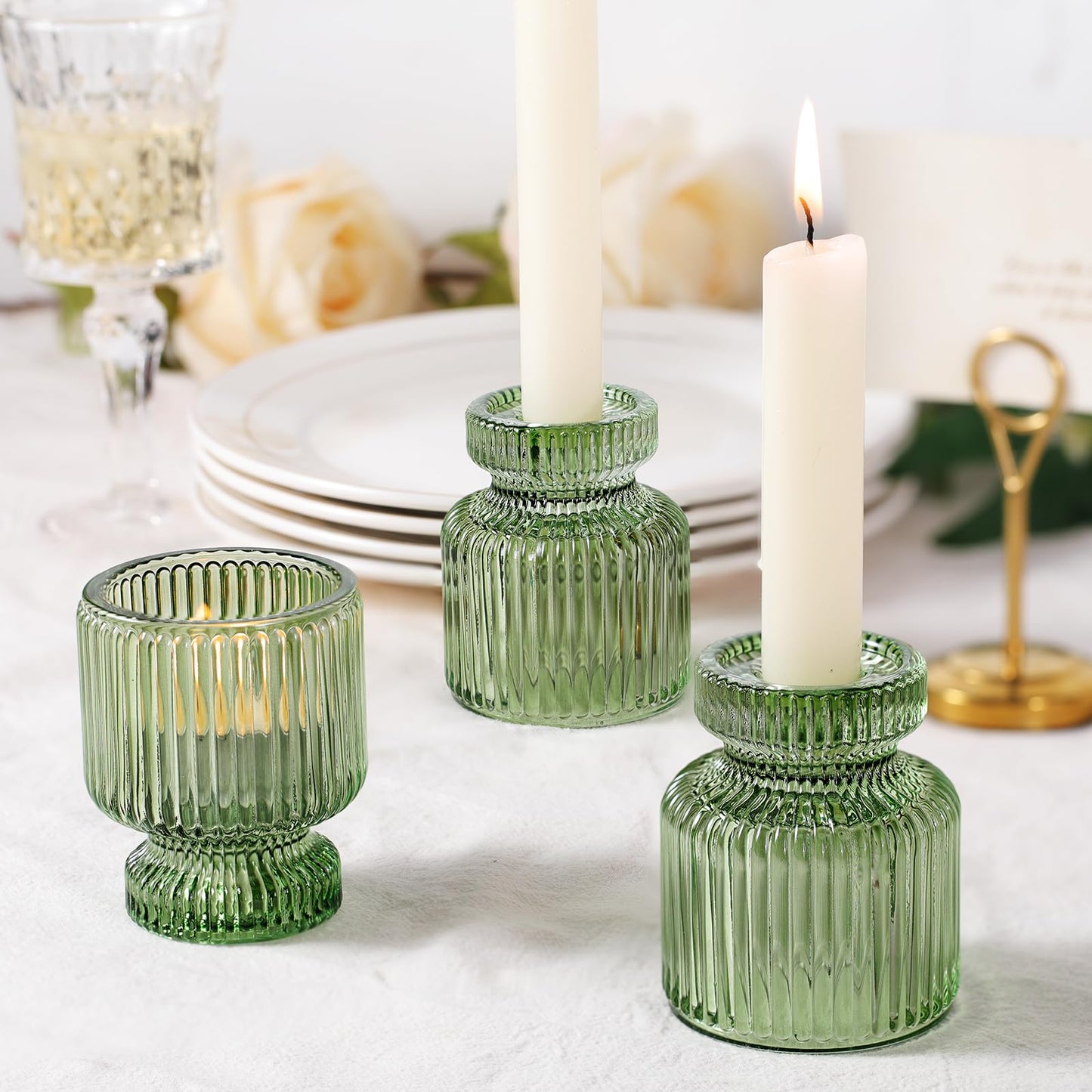 DARJEN 12 Pcs Glass Candlestick Holders- Green Taper Candlestick Holders Tealight Votive Candle Holders for Table Centerpieces, Wedding, Dinner Party, Home Decor