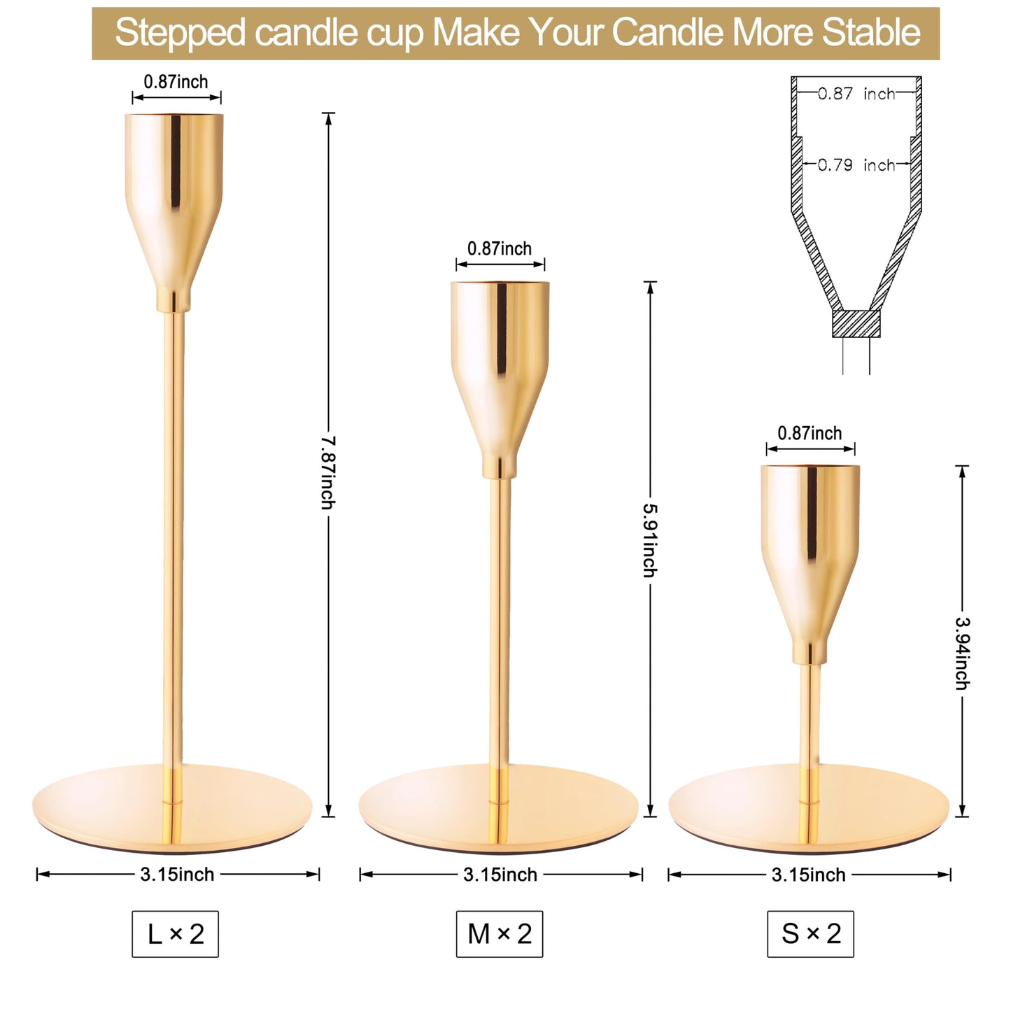 ECHFSM French Gold Taper Candle Holders for Wedding Table Centerpiece,Tall Taper Candlestick Holders Bulk Set of 6,Metal Candle Stick Holders for Dinning or Mantel Centerpiece,Party Home Decor
