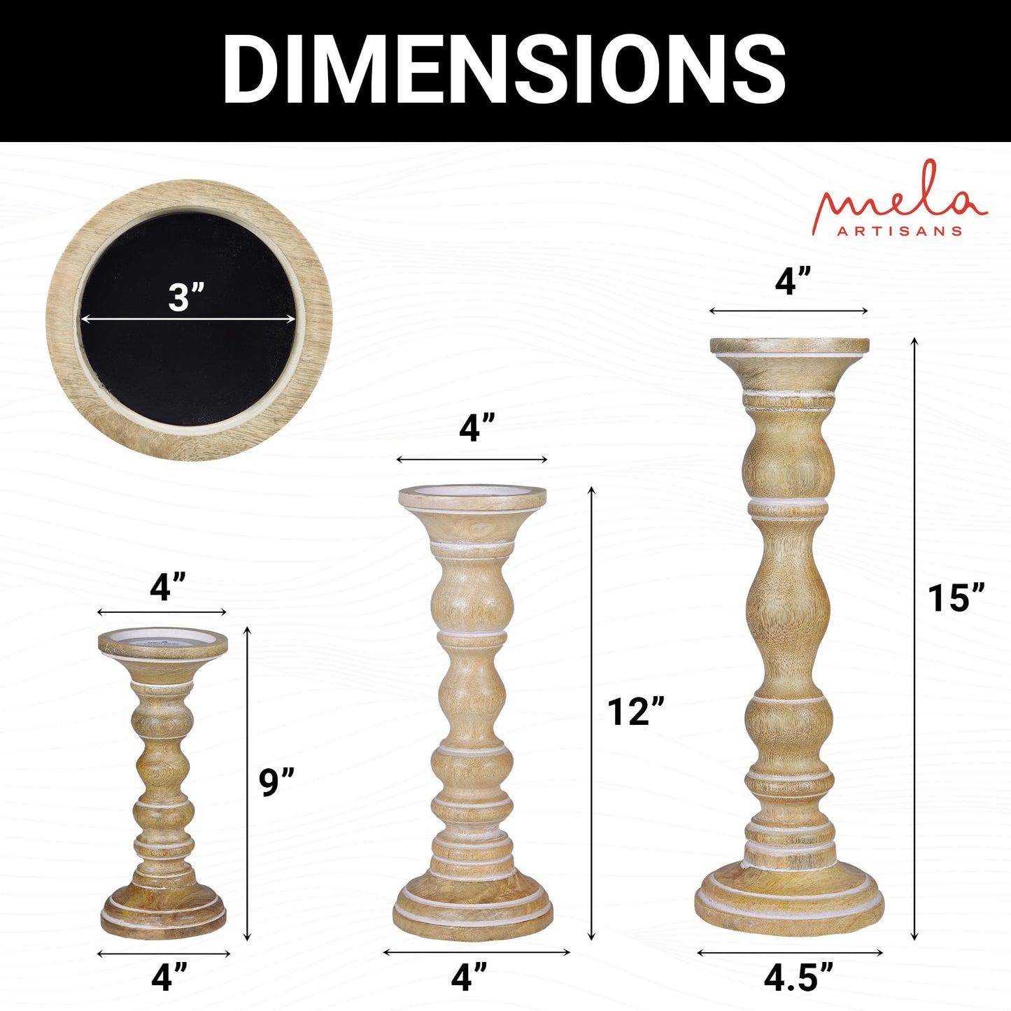“Willow” Candle Holders for Pillar Candles (Whitewash, Set of 3) - Mangowood Candle Stand - Farmhouse Wooden Candle Holders Pillar -Candle Holder Decor for Fireplace or Table Centerpiece -9”, 12”, 15”