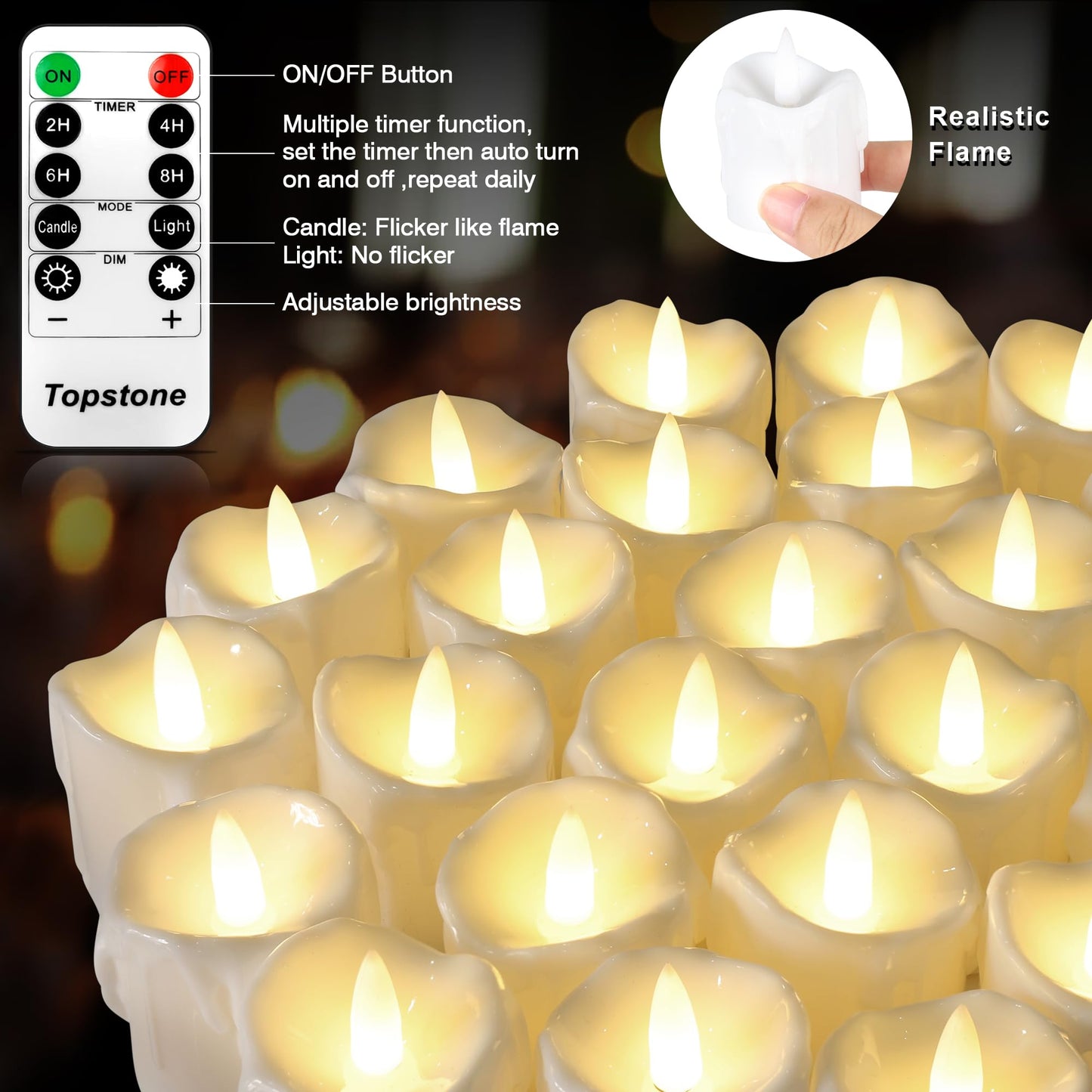Topstone Flameless Candles 12 Pack with 2 Remotes Timer,Battery LED Tealights,Electric Candles,400H Long Lasting CR2450,Flickering or Steady Light,Dimmable for Home Decor Wedding Christmas