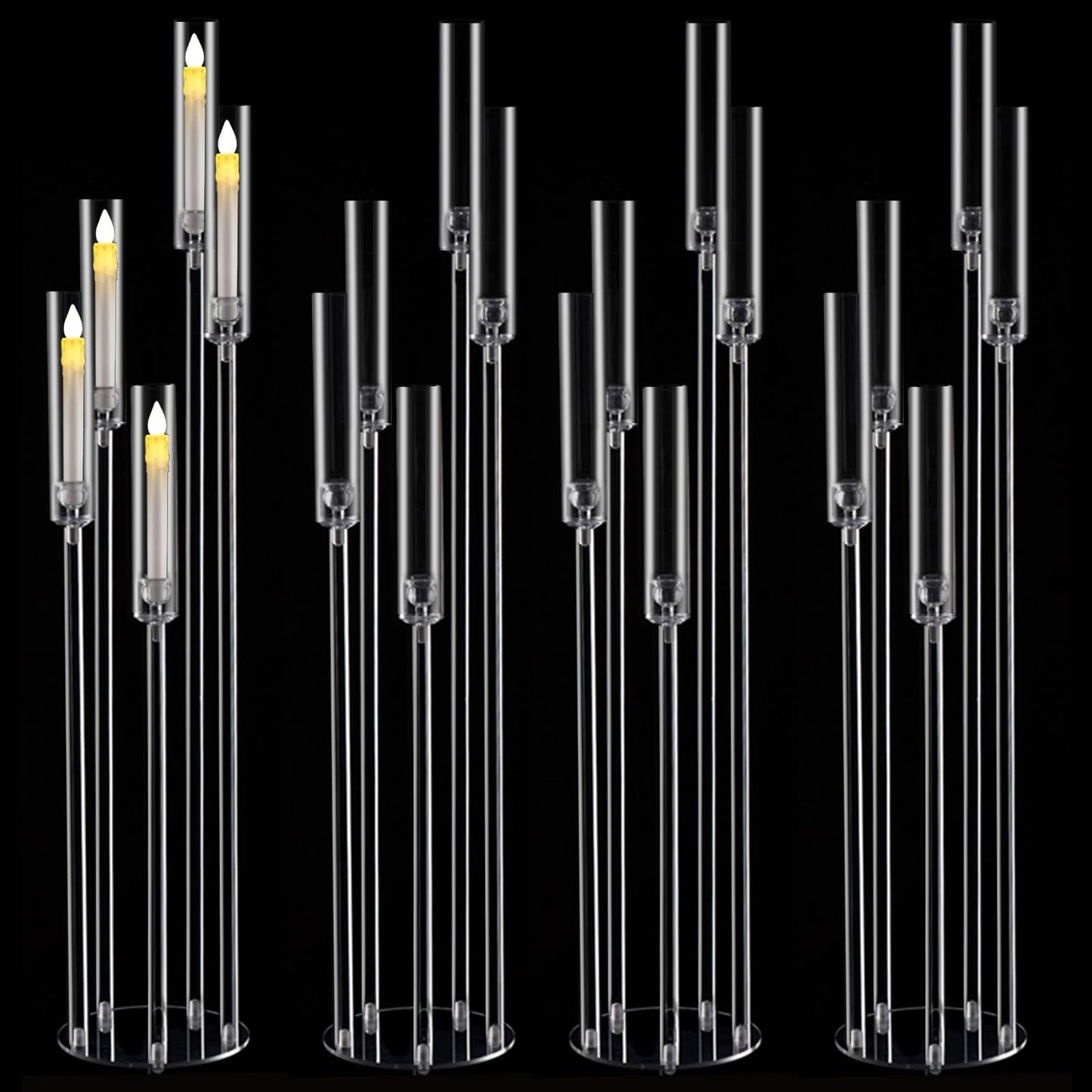Fullvaseer 4pcs 5 Arm Acrylic Candelabra,Clear Candle Holder for Wedding,45.7inch Tall Floor Candle Holders for Ceremony Birthday Party Home Decoration Fit 0.8 LED Candles