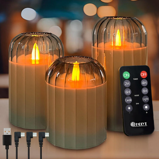LEDHOLYT Rechargeable Flameless Candle, Flashing LED Pillar Real Wax Candle with Remote Control and Timer, Green Pumpkin Glass Electronic Candles for Room Decoration, 1 Set of 3