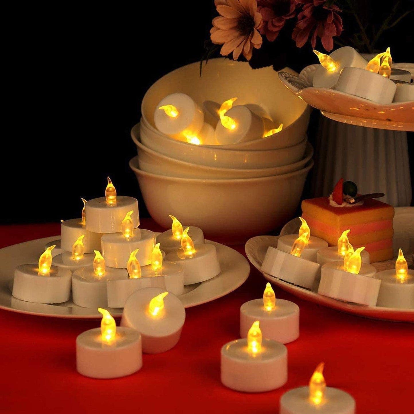 Battery Operated Led Tea Lights Candles:50 Pack Flameless Electric Fake Candle, Realistic and Bright Flickering Votive Tealights, Long Lasting 200+Hours,for Wedding,Party,Home Decoration (Warm Yellow)