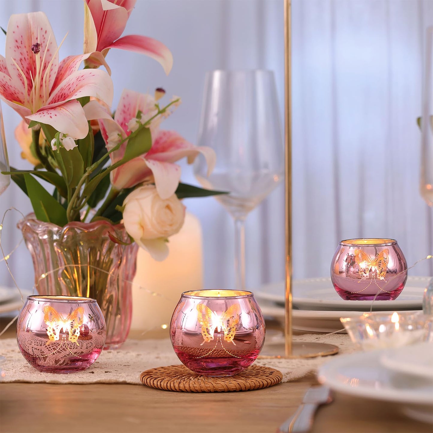12 Pcs Pink Votive Candle Holders Set Tea Lights Candle Holder Bulk Butterfly Candle Holders Butterfly centerpieces for Tables Wedding Birthday Anniversary Parties Holiday Decorations