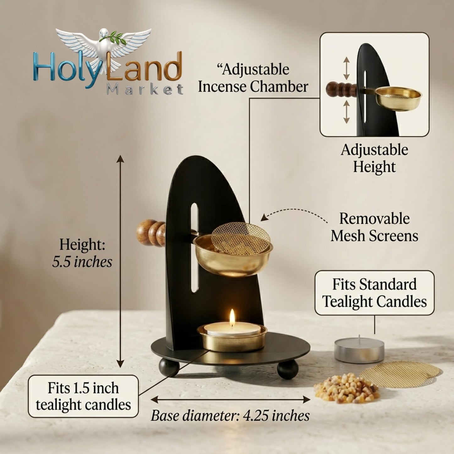 Brass Incense Burner Kit - Candle,Incense and 2 Mesh Screens, Adjustable Charcoal and Tea Light Bakhoor Burner for Resin, Myrrh, Copal at Home, Church, Meditation Space (Brass - Black - Model)