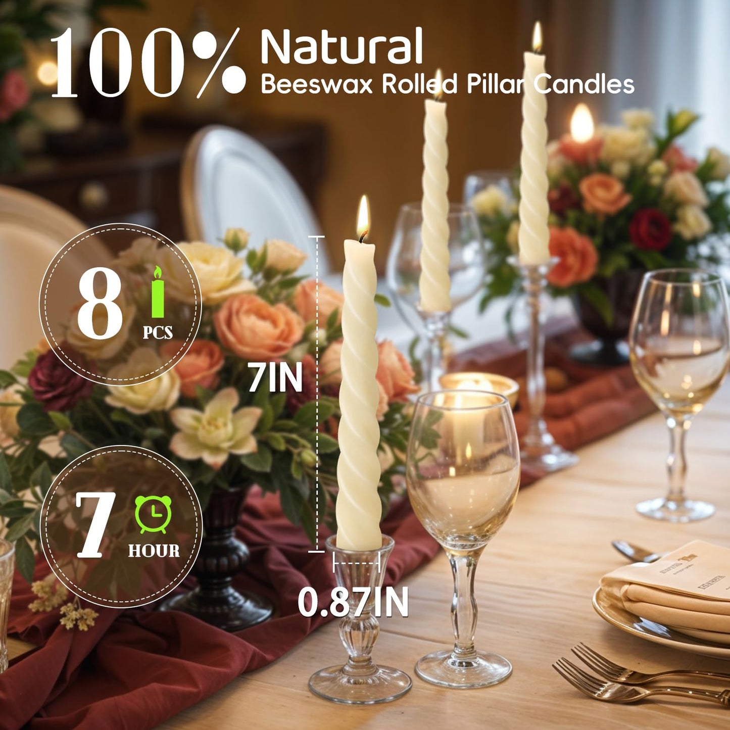 8 Pack Beeswax Taper Candles,7in Spiral Taper Candle Sticks,7 Hour White Beeswax Candlesticks,100% Natural Smokeless Dripless and Unscented Bees Wax Candle for Home,Prayer