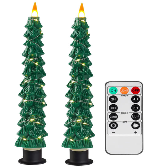 Fanzir Xmas Tree LED Flameless Taper Candles with Remote Control Timer 9.5‘’ Battery Operated Candle with String Lights 2Pcs for Christmas Gift or Special Festivals Decorations