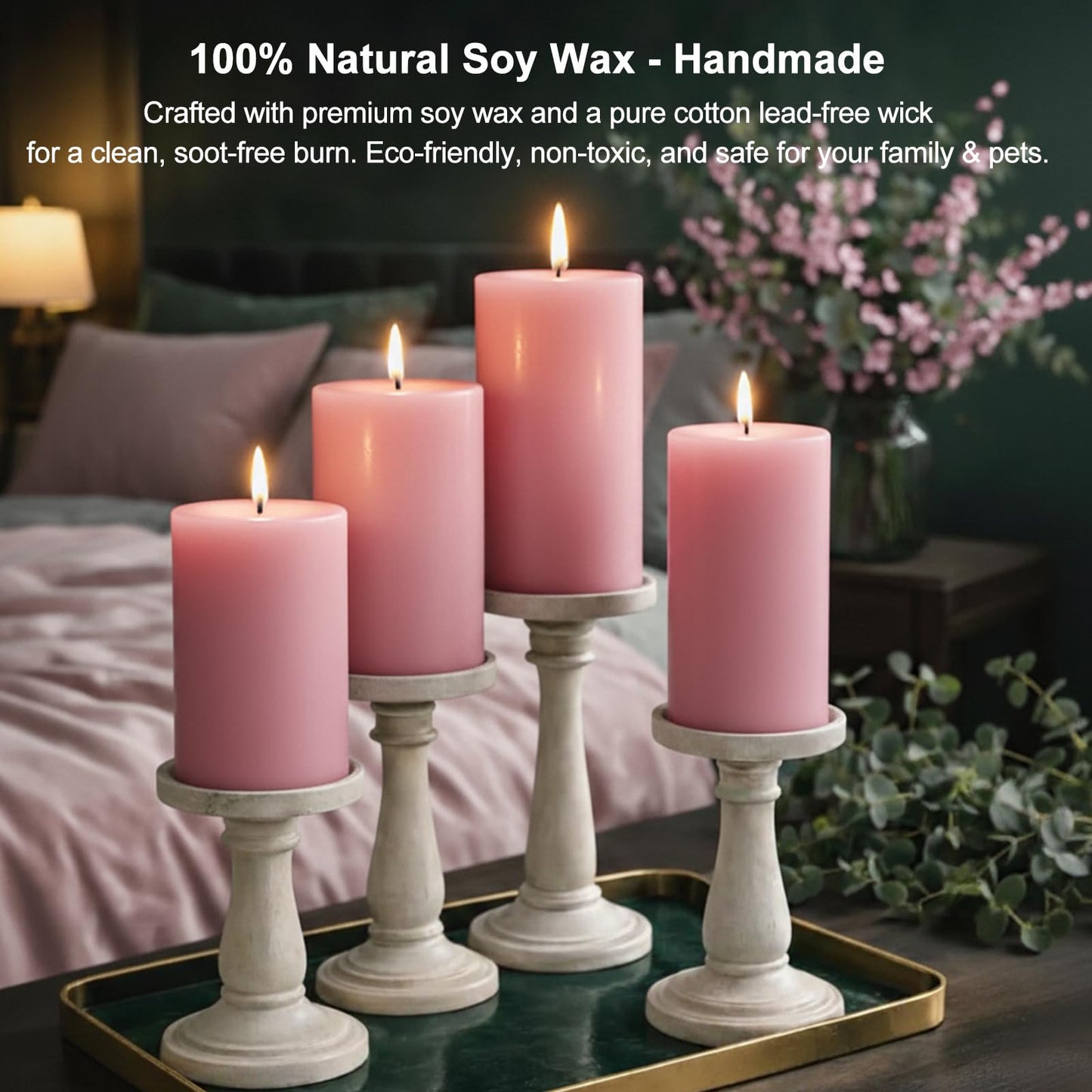 Uniteland Pink Rose Scented Pillar Candles Set of 3, Soy Candles for Mother's Day,105 Hours Aromatherapy Candle Clean Burning for Bathroom Living Room,2x4 inch