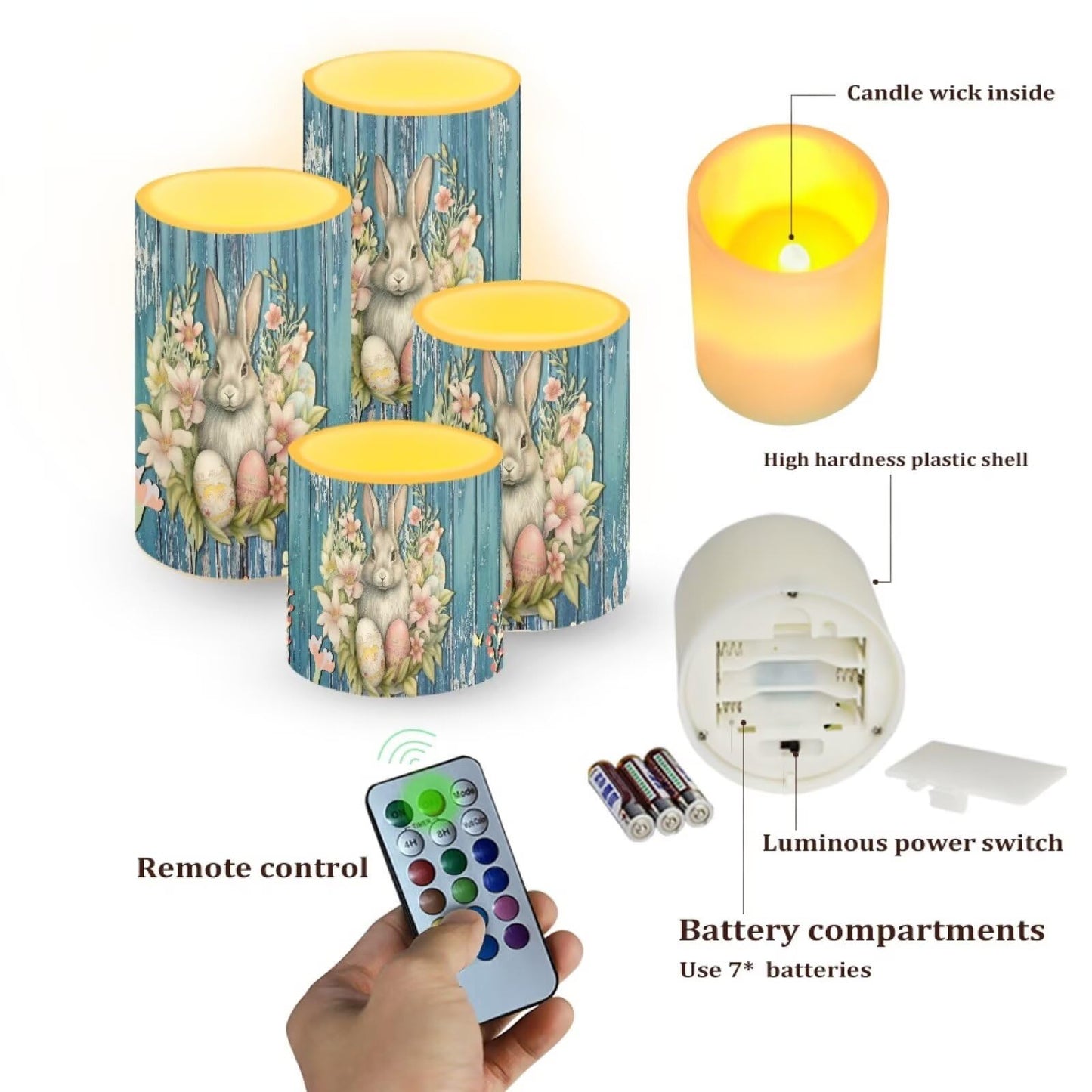 NEITLGEN Easter Decorative Flameless Candles with Timer Remote, Flickering Battery Operated LED Pillar Candles Set of 4 Floral Bunny Blue Wood Grain