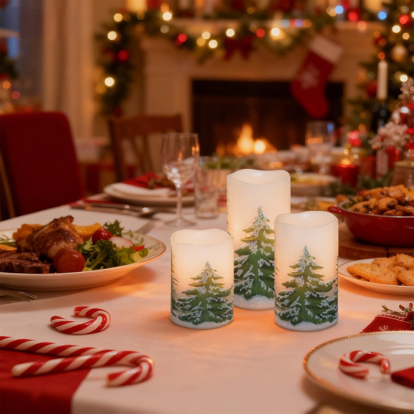 Wondise Rechargeable Christmas Tree Flameless Candles with 6H Timer, Battery Operated LED Real Wax 3D Wick Candles with Charging Base, Set of 3 Christmas Home Decoration Gifts(3 x 4 5 6 Inch)