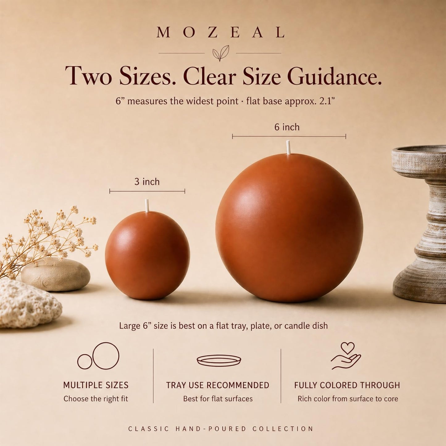 MOZEAL Hand-Poured, 6 Inch Burnt Orange Large Round Ball Candles - Elegant Burnt Orange Round Pillar Candles, Dripless, Unscented, Smokeless, Ideal for Autumn Gatherings.