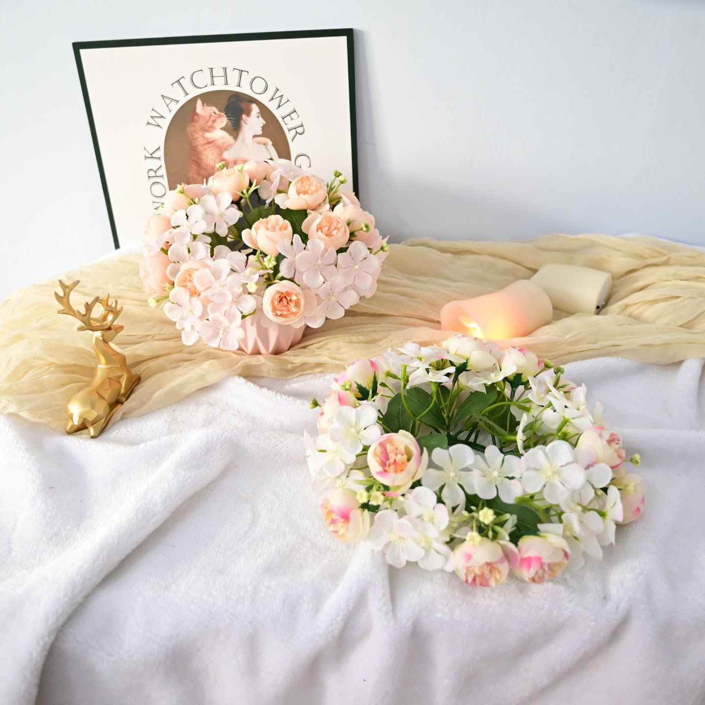 Set of 4 Artificial Rose Flower Candle Rings Wreaths 3 Inch Center Mini Hydrangea Floral Candle Wreaths 9" Small Candle Holder Rings for Pillars Spring Wedding Party Home Tabletop Decor (White)
