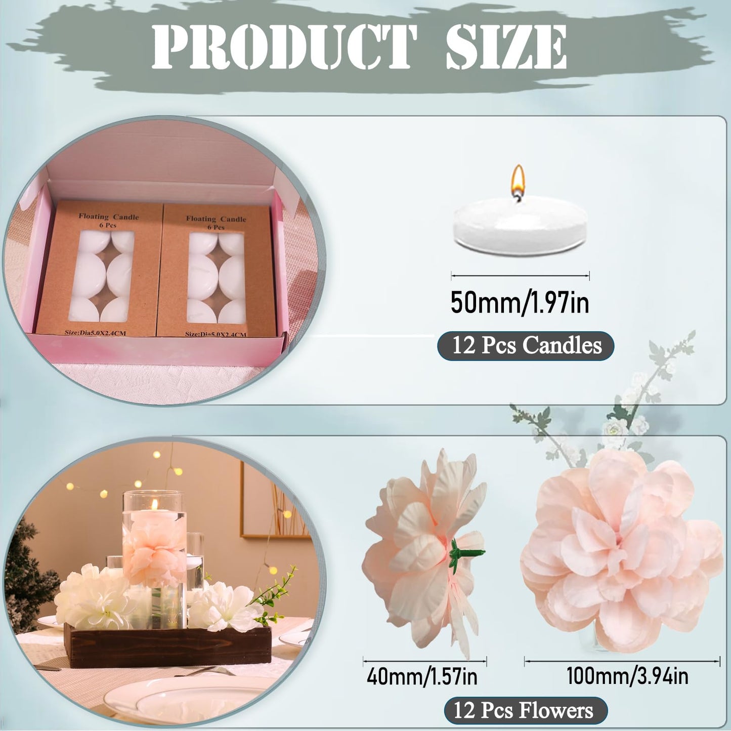 WPPNSY 24 Pcs Floating Candles for Centerpieces and Floating Flowers Artificial Flowers Head Vase Filler for Party Home Table Wedding Centerpieces Decoration (Pink)