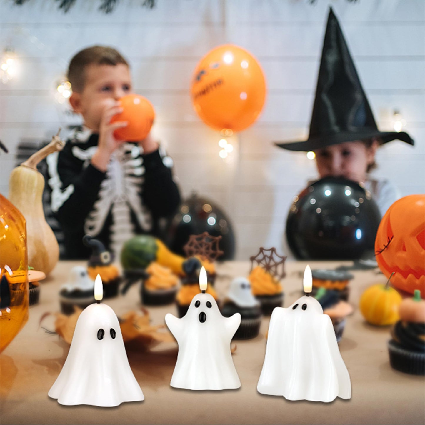 JOIONE Halloween Flameless Candles with Remote, 3D Flickering Flame Real Wax LED Battery Operated Candles, Cute Ghost Halloween Candle for Party and Home Decorations, Set of 3