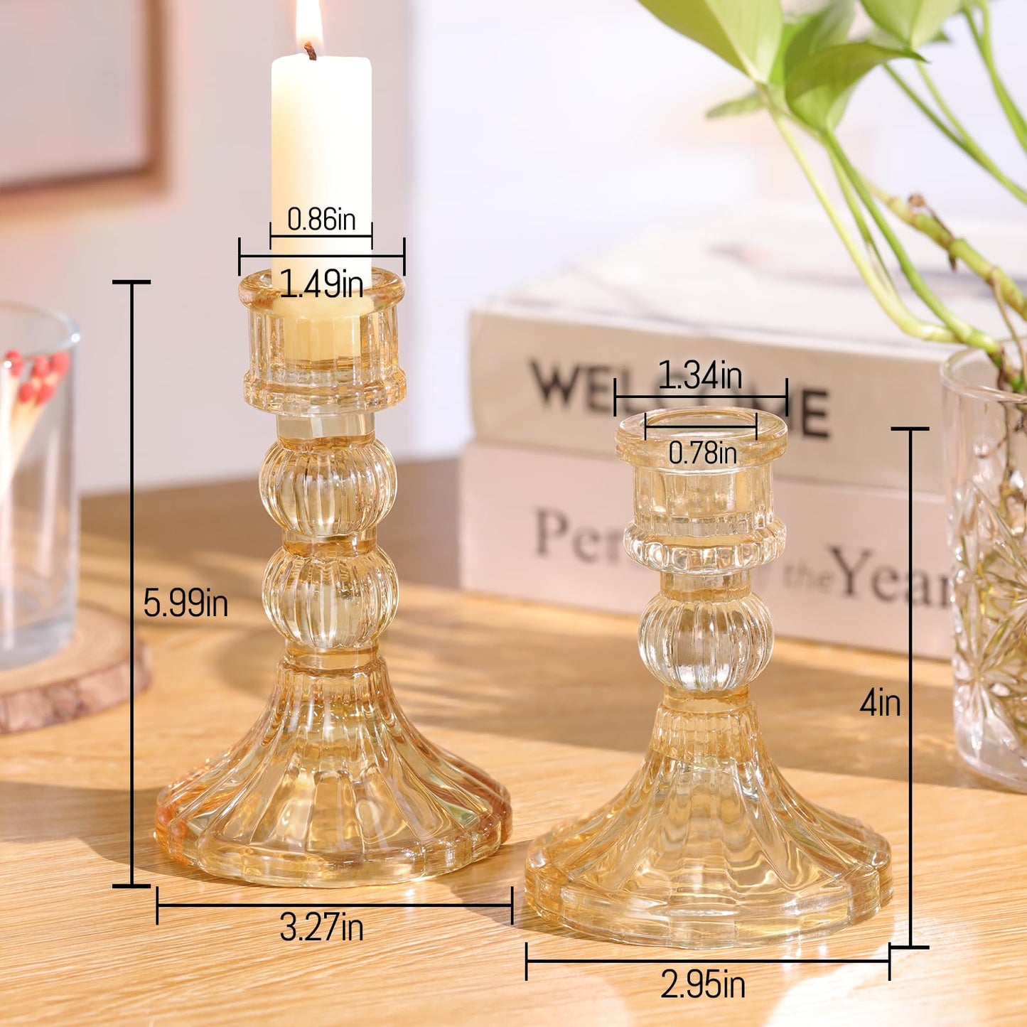 DARJEN 6Pcs Gold Candlestick Holders Set - 4" H & 5" H Striped Taper Candle Holders Bulk, Glass Candle Holders for Wedding, Festival, Party, Table Centerpiece, Gifts