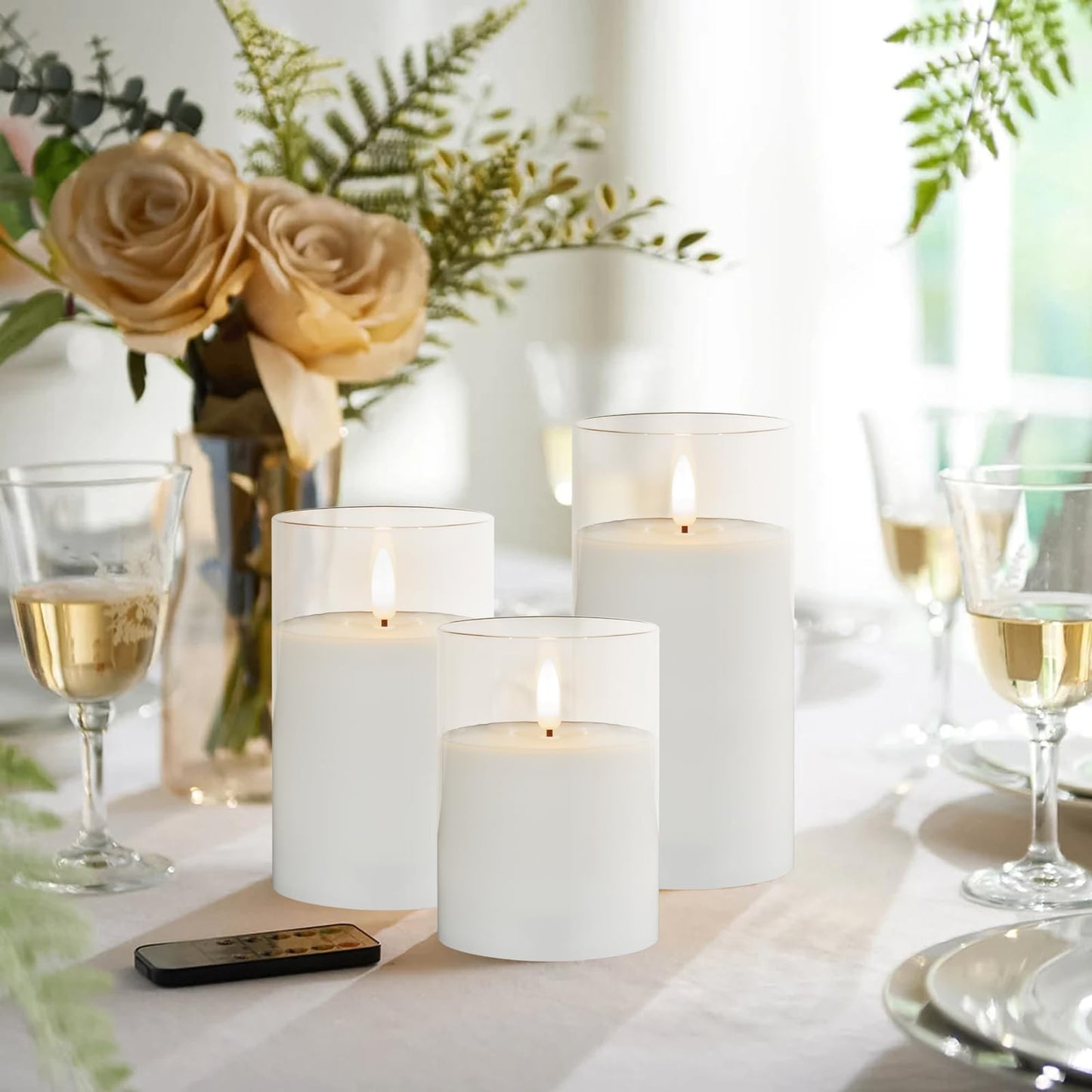 Mingfuxin Clear Glass Flickering Flameless Candles with Remote, White Wax Battery Operated LED Pillar Candle with Timer for Party Wedding Decoration, Set of 3