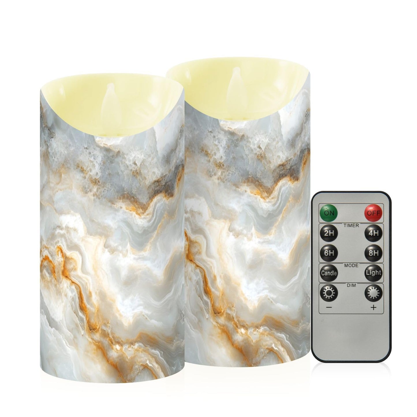 Gravopti White Marble 2 Pack Flameless LED Pillar Candles with Remote & Timer, Battery Operated, Flickering Wax Candle for Wedding, Romantic Home & Party Decor