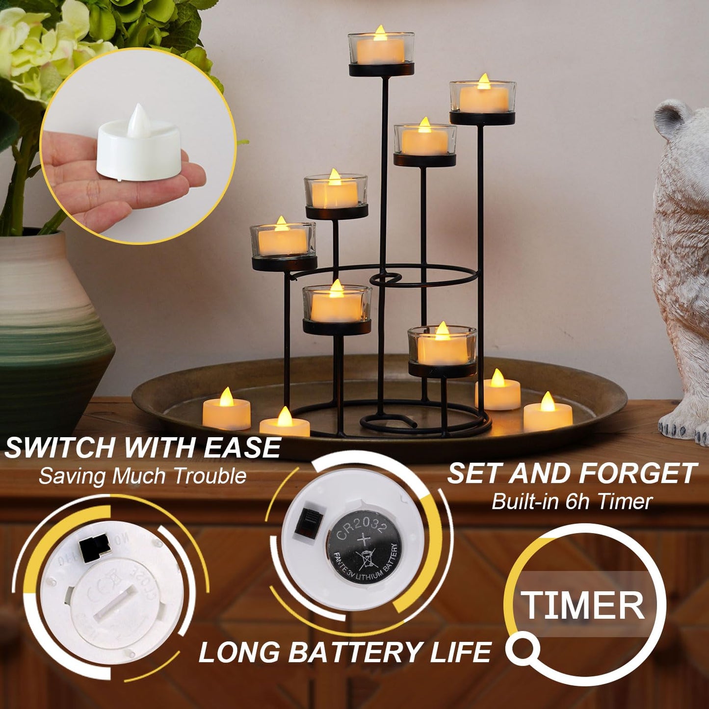 BEICHI Flameless TeaLights Candles with Timer,6 Hours On and 18 Hours Off in 24 Hours Cycle Automatically,Pack of 12 Battery Operated LED Tea Lights Flickering Votive Candles Timer Warm Yellow Light