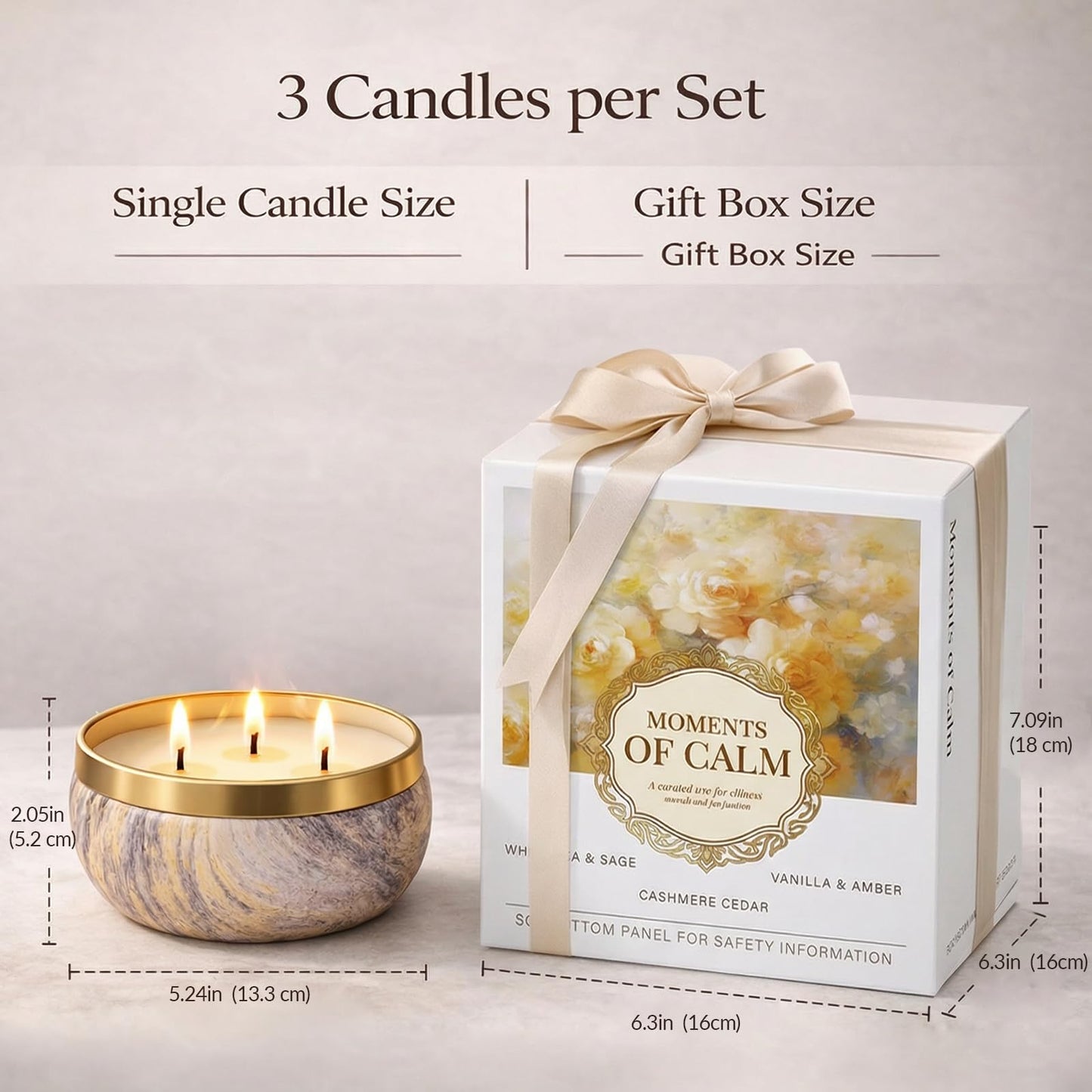 YMing 3-Wick Candle Gift Set, 3 Pack, 14 oz Each, Scented Candles for Home, White Tea & Sage, Vanilla & Amber, Cashmere Cedar