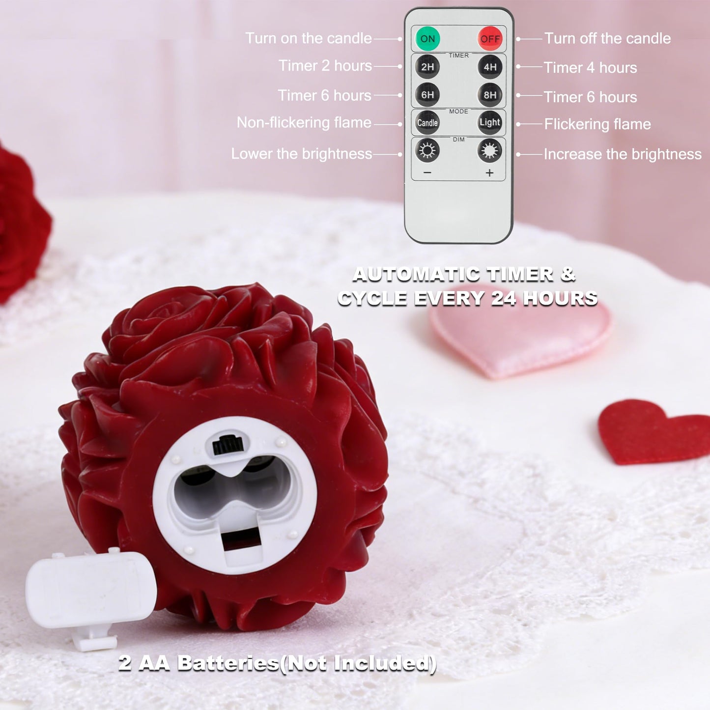 AFINETH Rose Flameless Candles with Remote, Valentines Battery Operated Candles, Real Wax Red LED Flower Candles Valentine's Day Mothers Day Gifts for Her Wife Mom Home Party Decor, 2 Pack