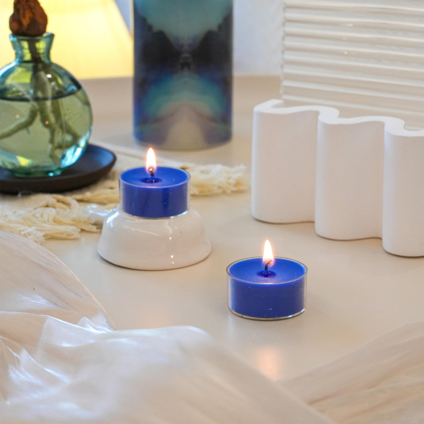 MUUFAZA 12 Unscented Natural Soy Tealight Candles in Clear Cups, 5H Long Clean Burning, Hand-Poured Indigo Mini Tea Candle Set for Parties, Spa, Meditation, Gift, Holiday, Emergency, Home Decor
