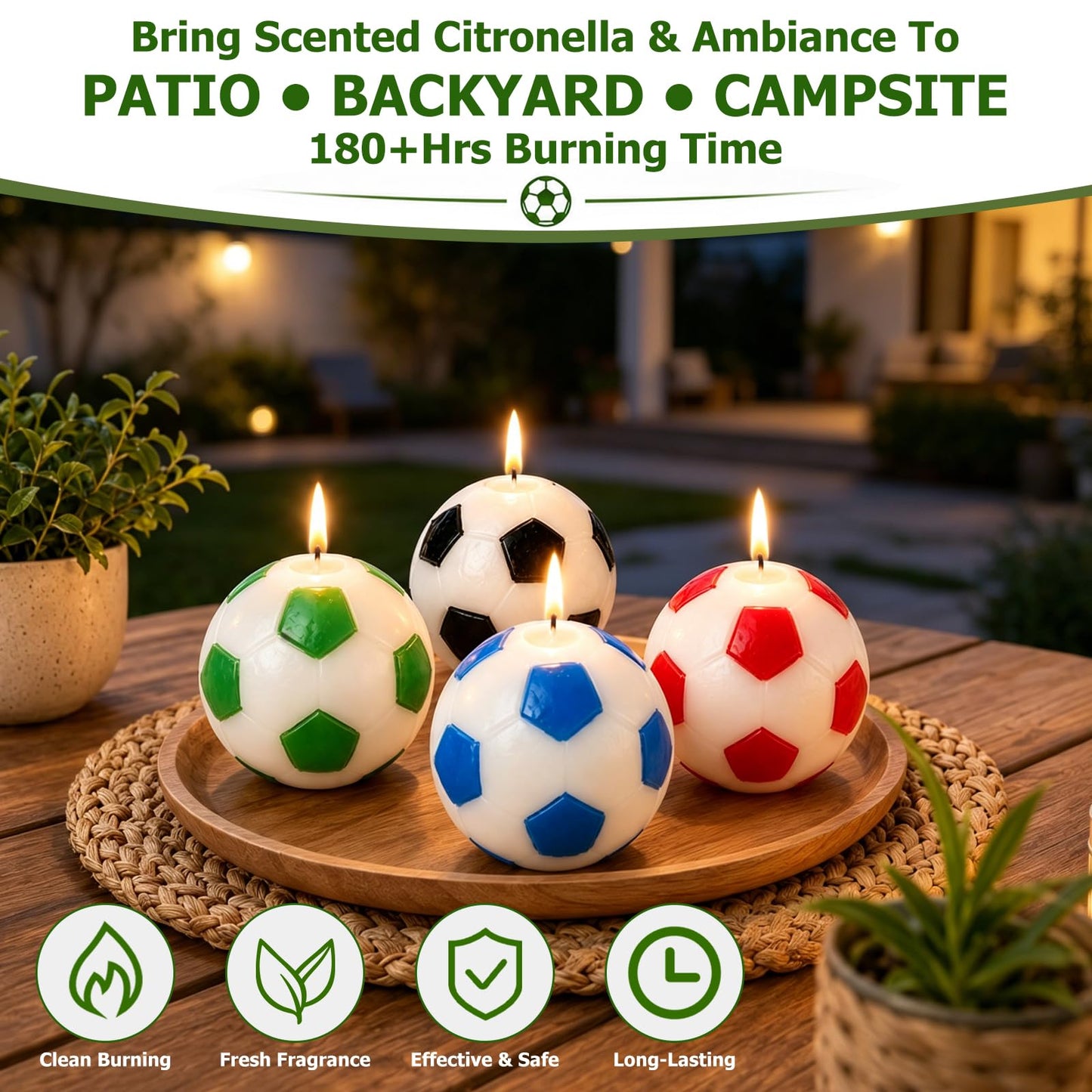 Citronella Candles Outdoor Indoor – 4 Pack Outdoor Candle, Up to 80+ Hrs Burning Total, for Home Decor, Patio Backyard, Camping & Garden Party, Fun Soccer Candle Gift for Men & Soccer Fans