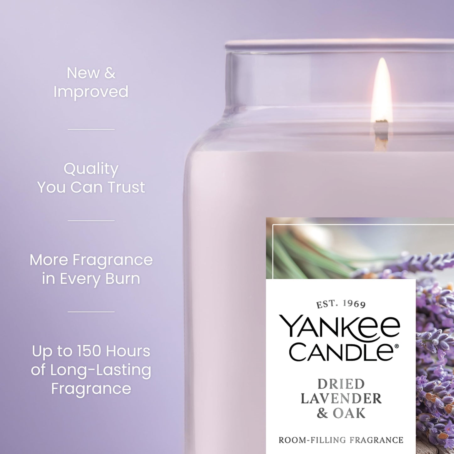 Yankee Candle Dried Lavender & Oak, Scented Candle, 22oz Large Jar with up to 150 Hour Burn Time, Giftable, Birthdays