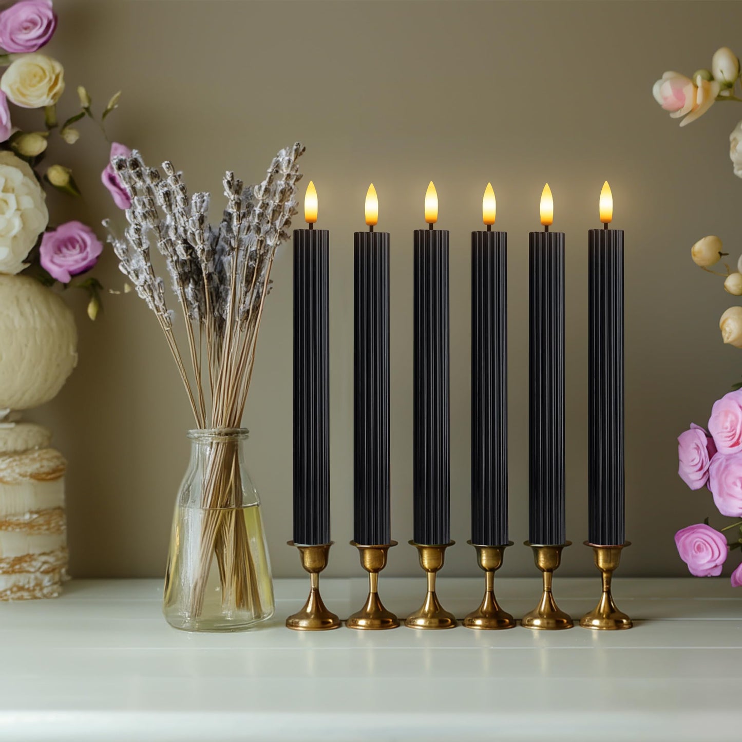 West Ivory 6 Pack, 10" LED Flameless Black Fluted Ribbed Grooved Taper Candles, Remote & 24h Timer Memory, On/Off Button, Dimmable, Flicker Mode, Battery Operated, Christmas Menorah Wedding