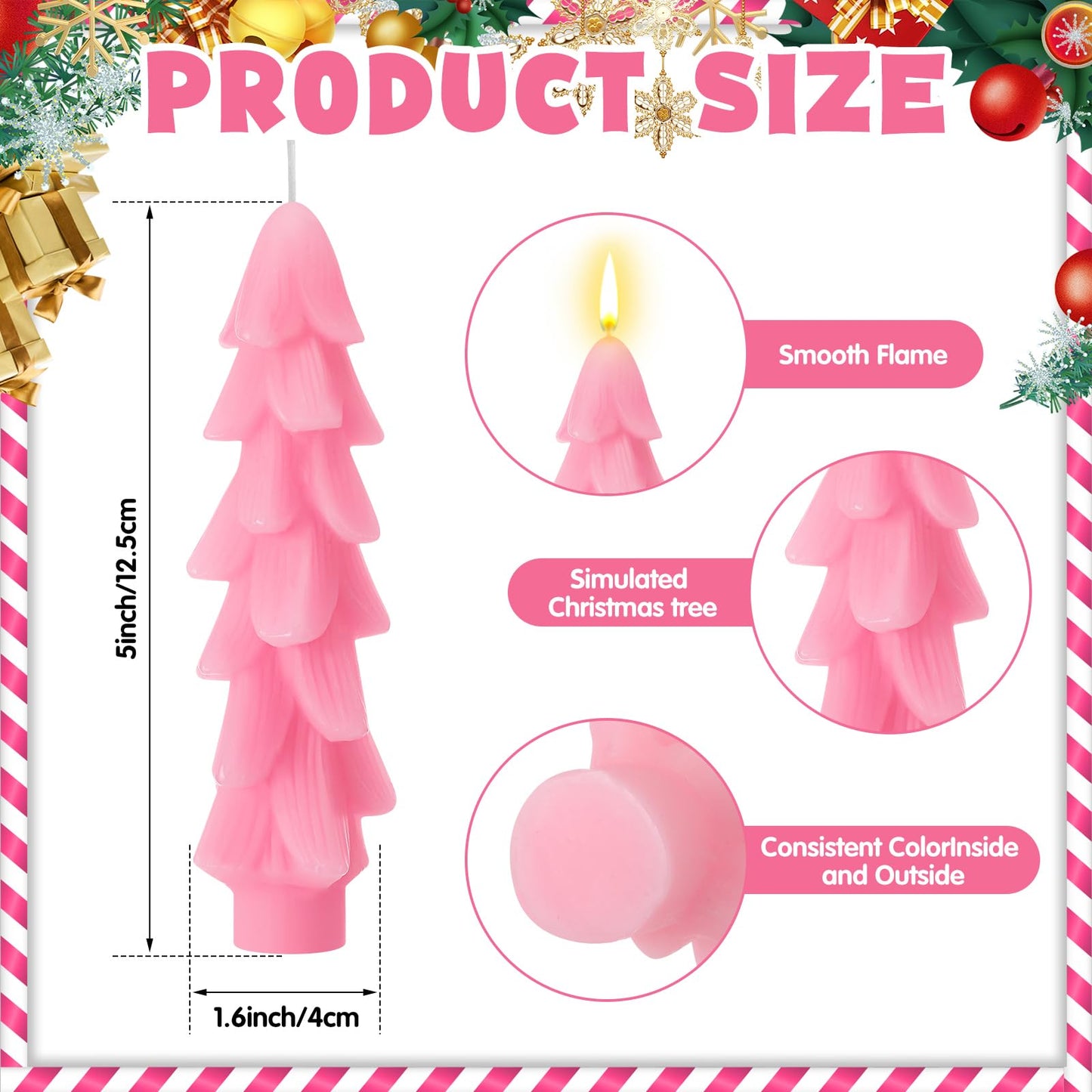 MTLEE 4 Pcs 5 Inch Christmas Tree Shaped Taper Candles Pink Xmas Holiday Candle Unscented Candlesticks for Christmas Party Room House Kitchen Decor Wedding Decorations Gift
