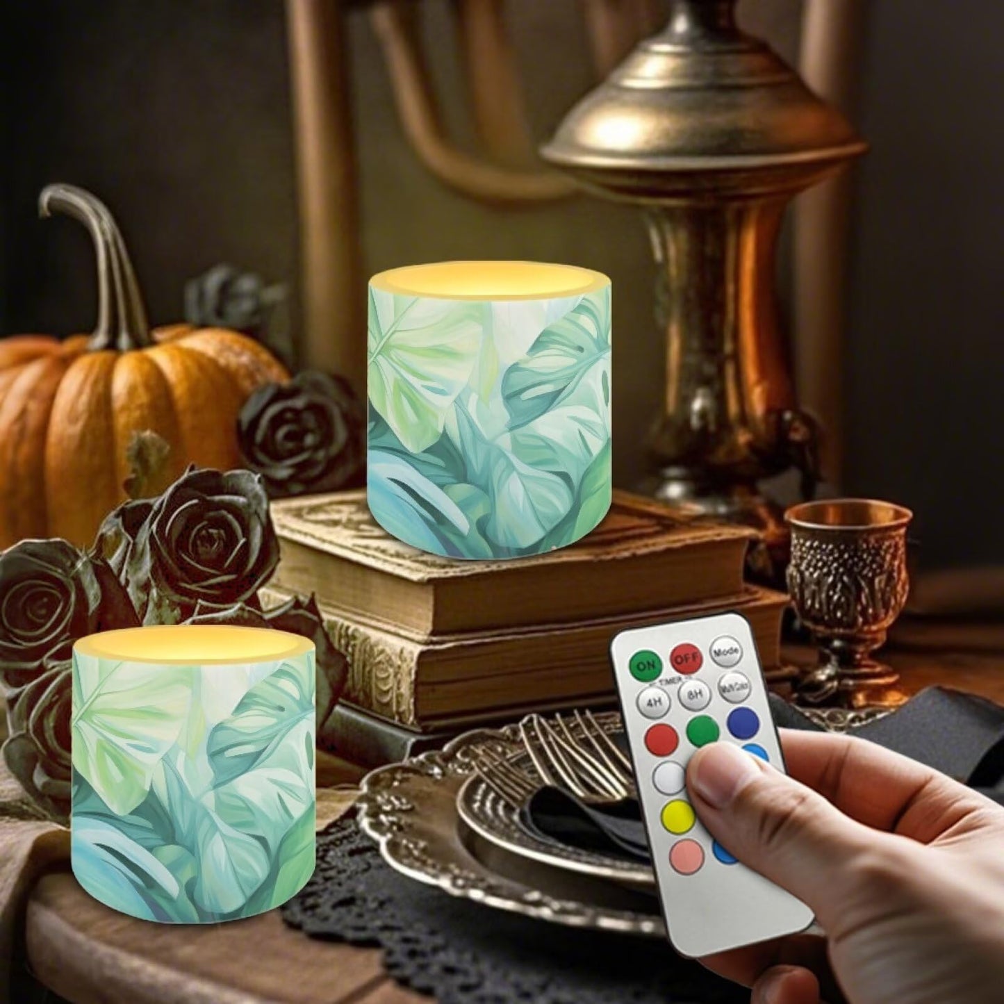 NETILGEN 3 inch Flameless LED Candles with Remote Timer Set of 4 Home Decorative Realistic Flickering Flameless Candles Battery Operated Green Tropical Palm Leaf Print
