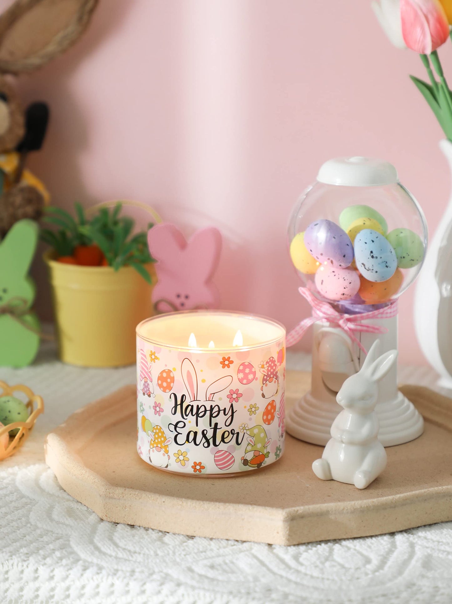 Easter Bunny Candles, Happy Easter Jasmine Scented Candle, 14 oz, 3 Wick Large Jar, Spring Bunny Candle Gifts for Women Men