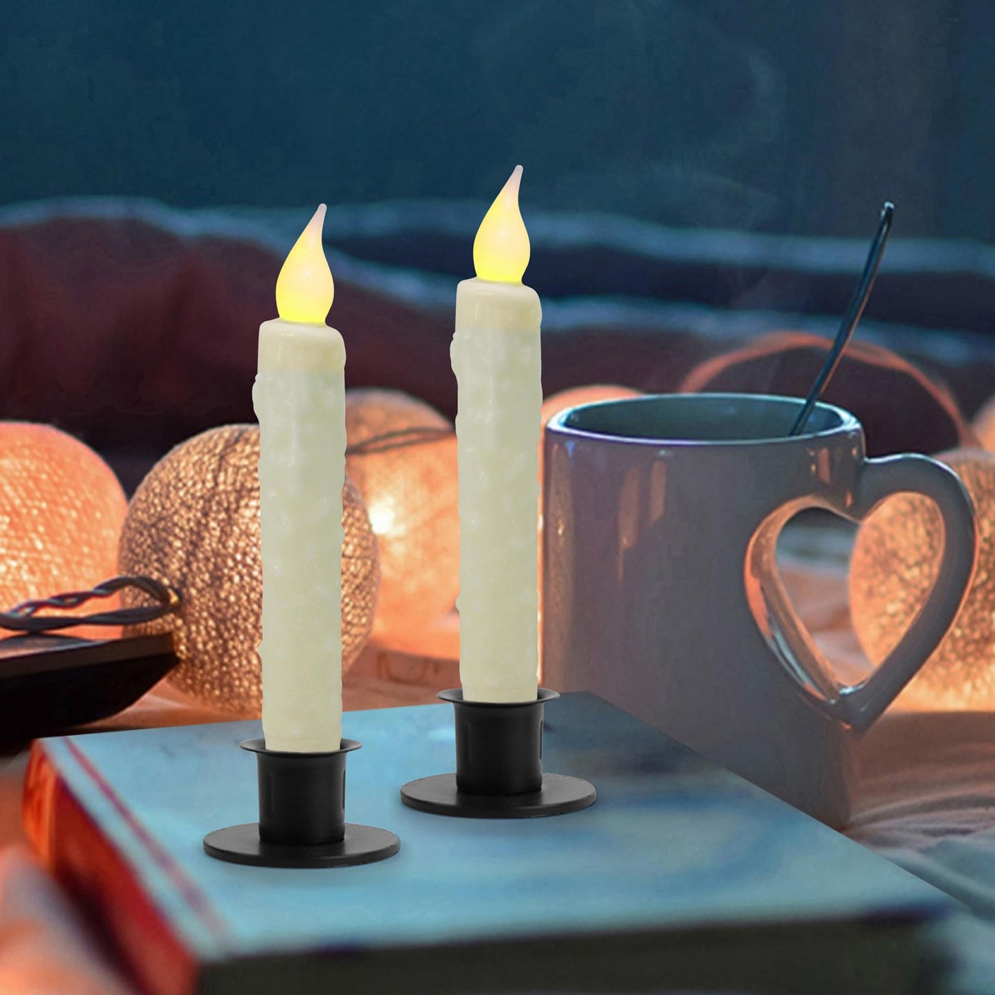 CVHOMEDECO. Real Wax Hand Dipped Battery Operated LED Timer Taper Candles Country Primitive Flameless Lights Décor, 6-3/4 Inch, Ivory, 3 PCS in a Package