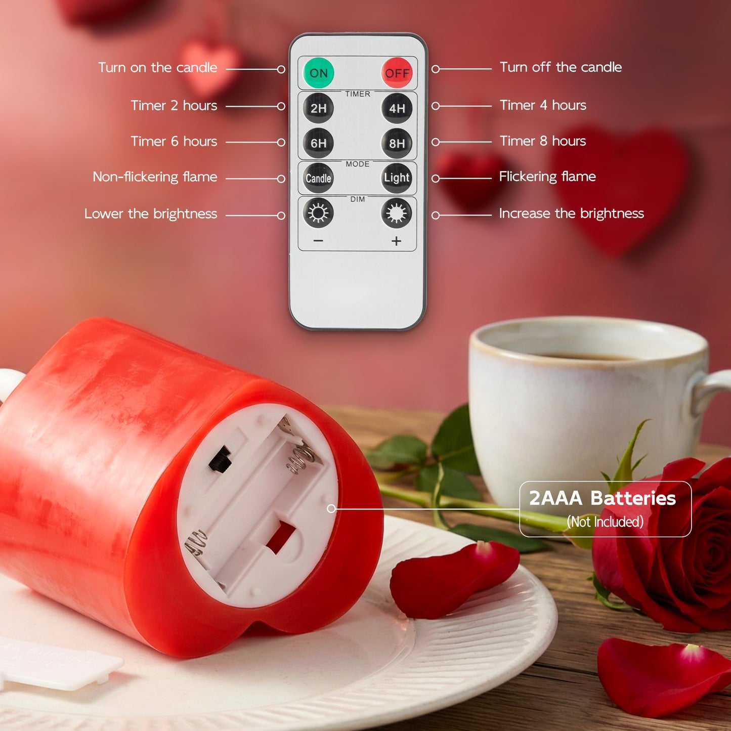 AFINETH Valentines Day Flameless Candles with Remote, Heart Shaped Candles Battery Operated 3 Pack Red LED Pillar Candles for Wedding Proposal Anniversary Romantic Night