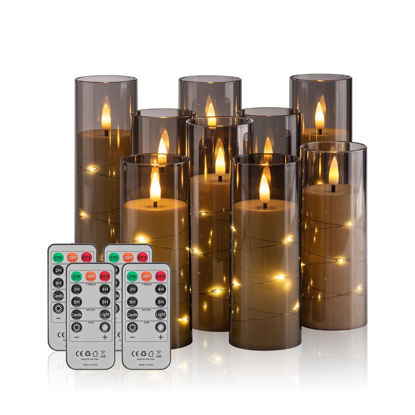 Pandaing 18 Pack Flameless Battery Operated LED Candles with Remote and Timer, Flickering Candles with Embedded Star String for Romantic Ambiance and Home Decoration, Stable Acrylic Shell (Grey)