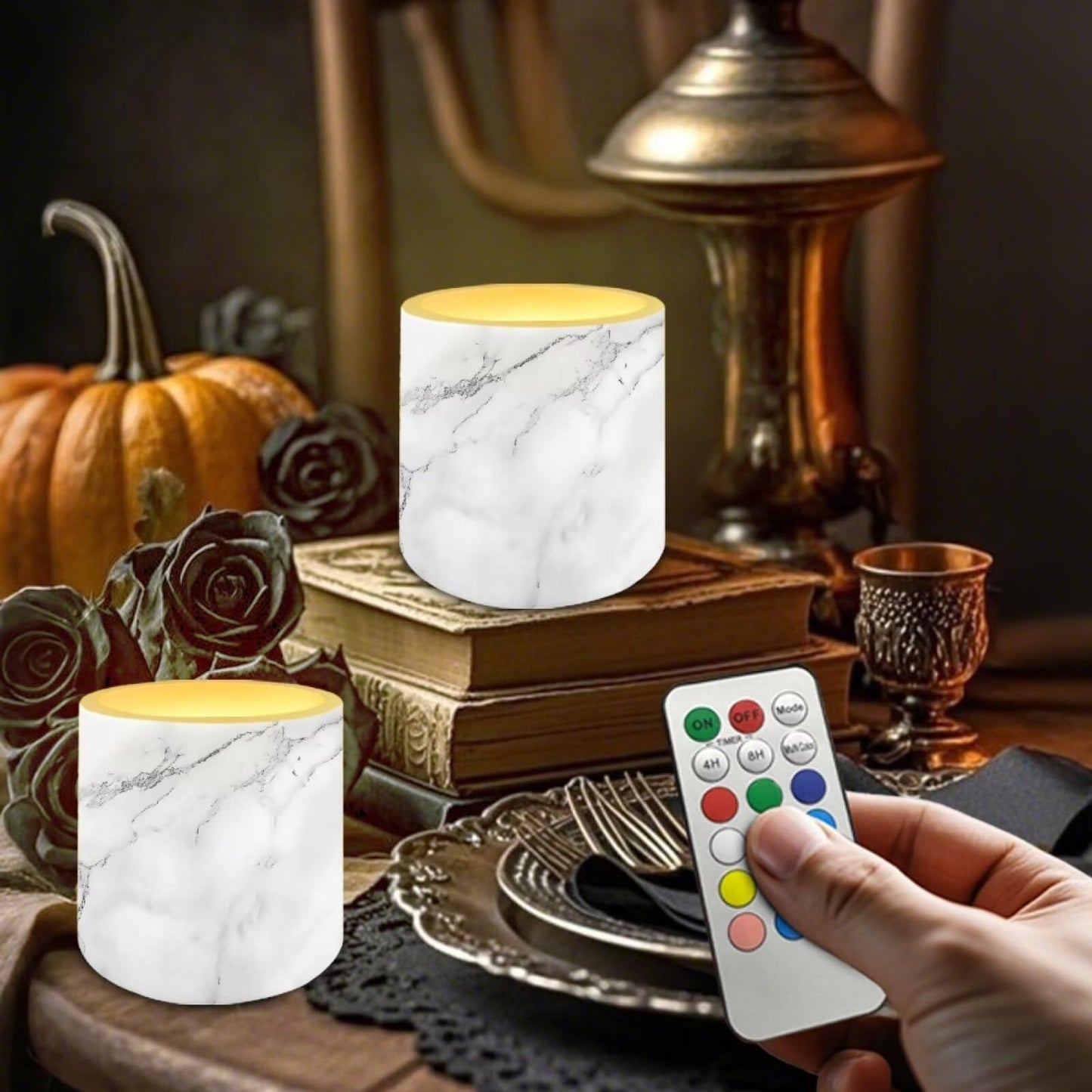 Cozeyat Silver Marble Flameless Candles 4 Pack Battery Operated with Remote Control Timer LED Pillar Candles Waterproof for Indoor Outdoor Beach
