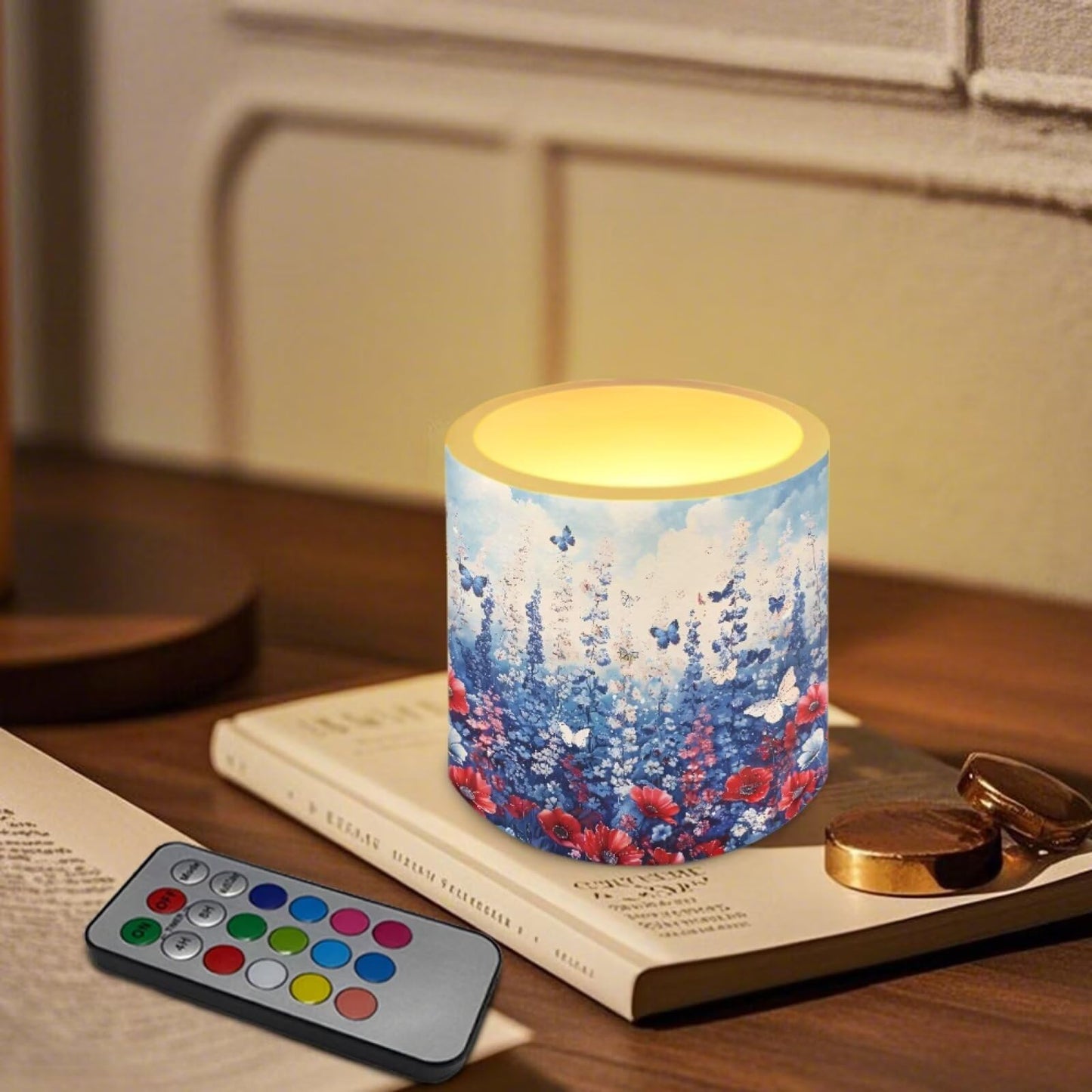Poceacles 4 PCS LED Flameless Candles Multi-Color Flickering Realistic Battery Powered No Flame Candles with Remote and Timer, Simulated Wick Flame Tealights, Floral Blue Butterfly