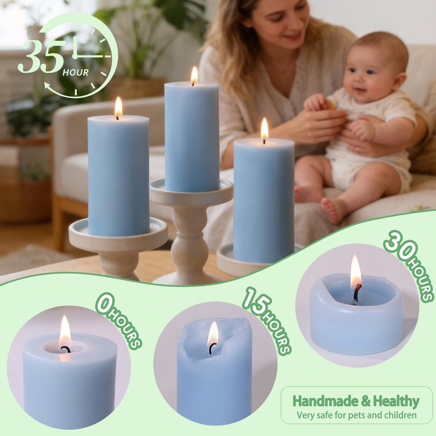Soy Pillar Candles, 210 Hours Hand-Poured Blue Unscented Pillar Candles Natural Soybean Candle for Home, Wedding, Smokeless & Dripless, Party, Spas, Dinner-2x4in-6pack