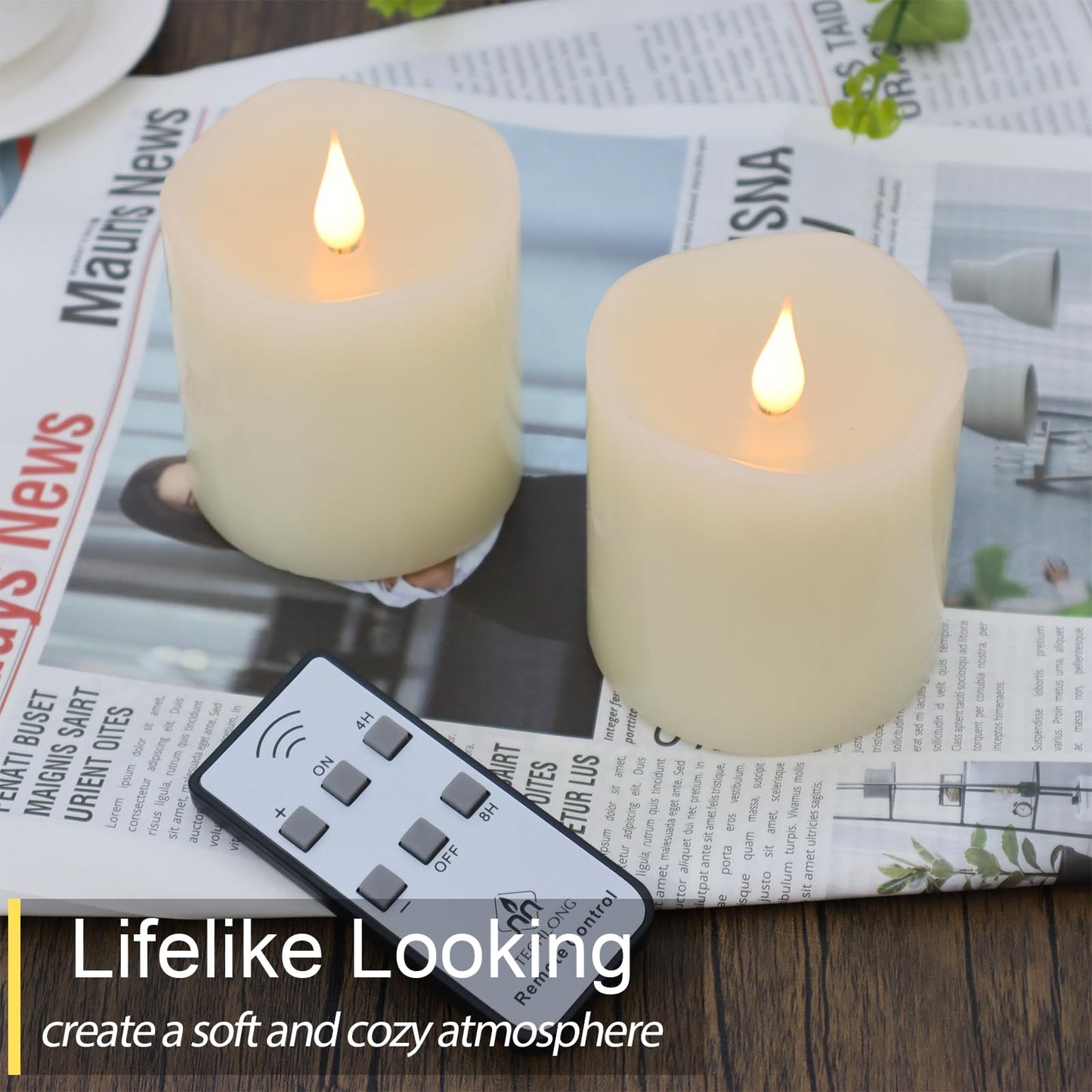TECHLONG Flameless Candles Battery Operated with Remote Timer, 3D Moving Flame Flickering, Last 600+ Hours Battery Candles, 3" x 3" Ivory Real Wax Electric LED Candle for Wedding Party, Set of 2