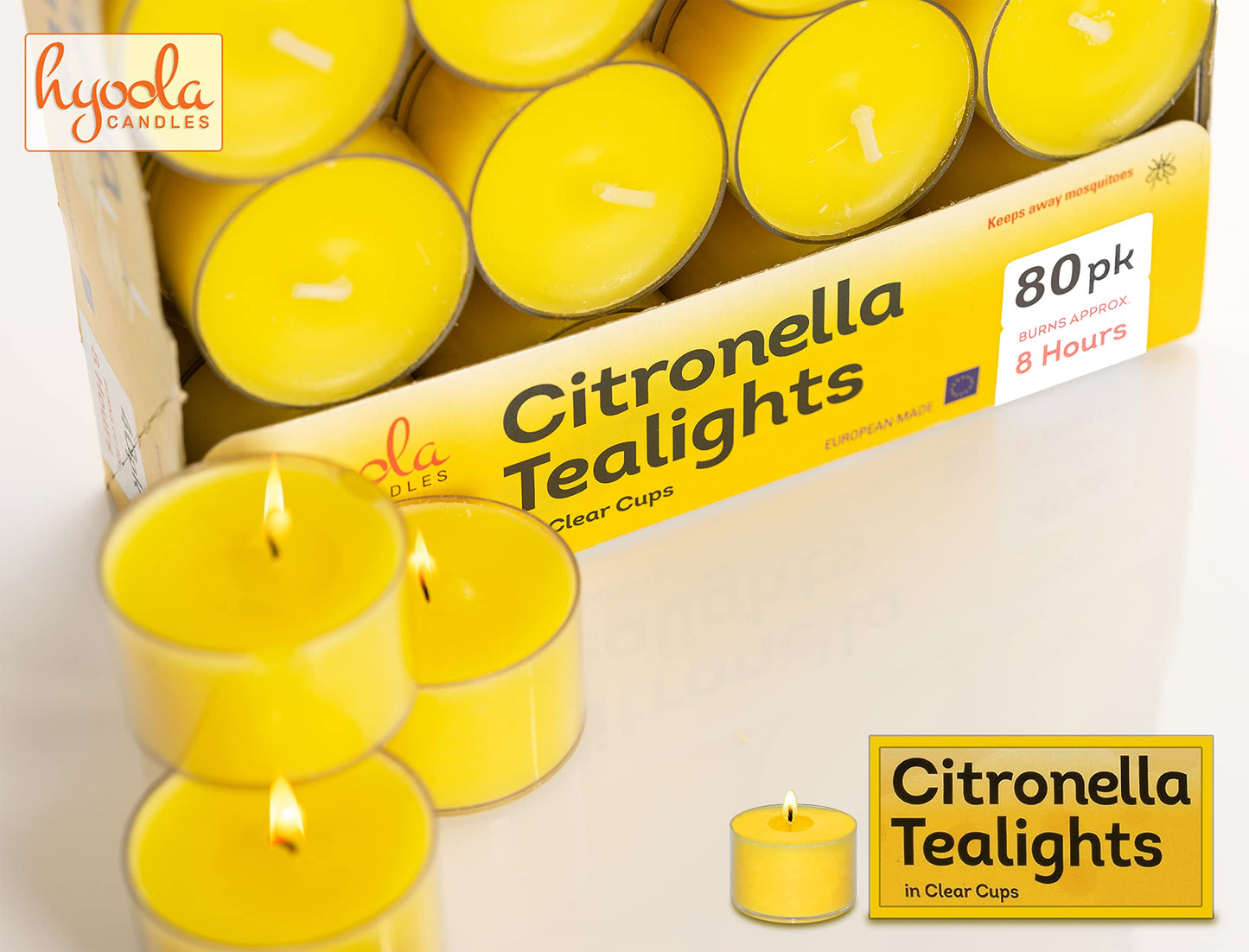 Hyoola Tealight Citronella Candles Outdoor, 8 Hour Burn Time - Indoor and Outdoor Mosquito, Insect and Bug Repellent Citronella Candle, Natural Fresh Scent, Decorative in Clear Cup (Pack of 80)