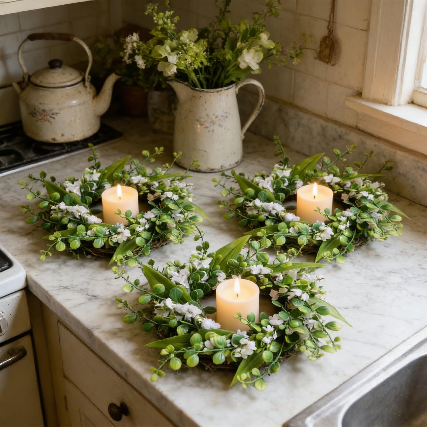 6 Pcs Green Boxwood Candle Rings Wreaths Mini Spring Summer Forsythia Wreath for Front Door Artificial Rings Wreaths with White Flowers for Pillar Porch Wall Window Farmhouse All Seasons Decor