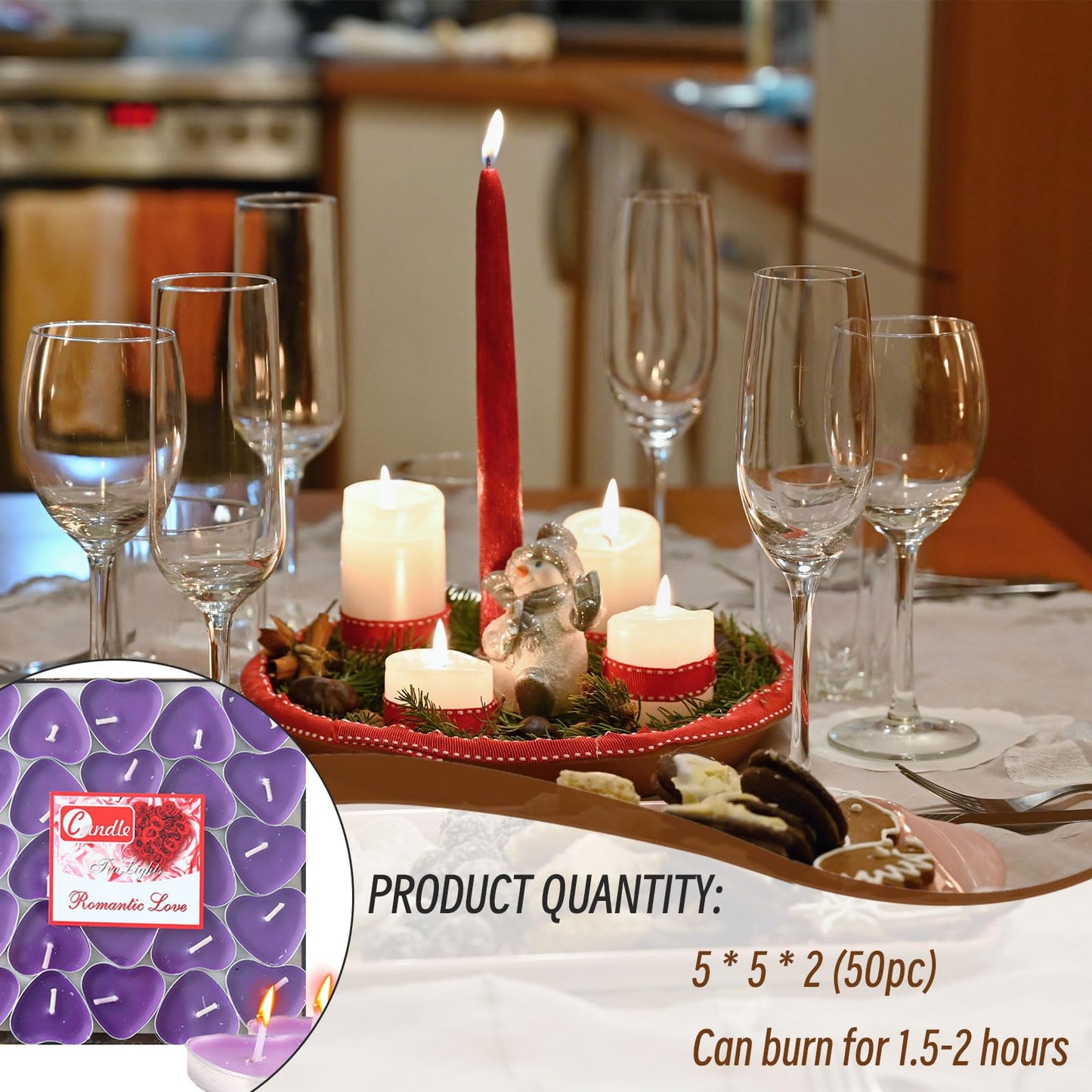 Heart Shaped Tealight Candles 50 Packs,25 * 2 Layers Romantic Love Unscented mokeless for Dinner Home Wedding (Purple)